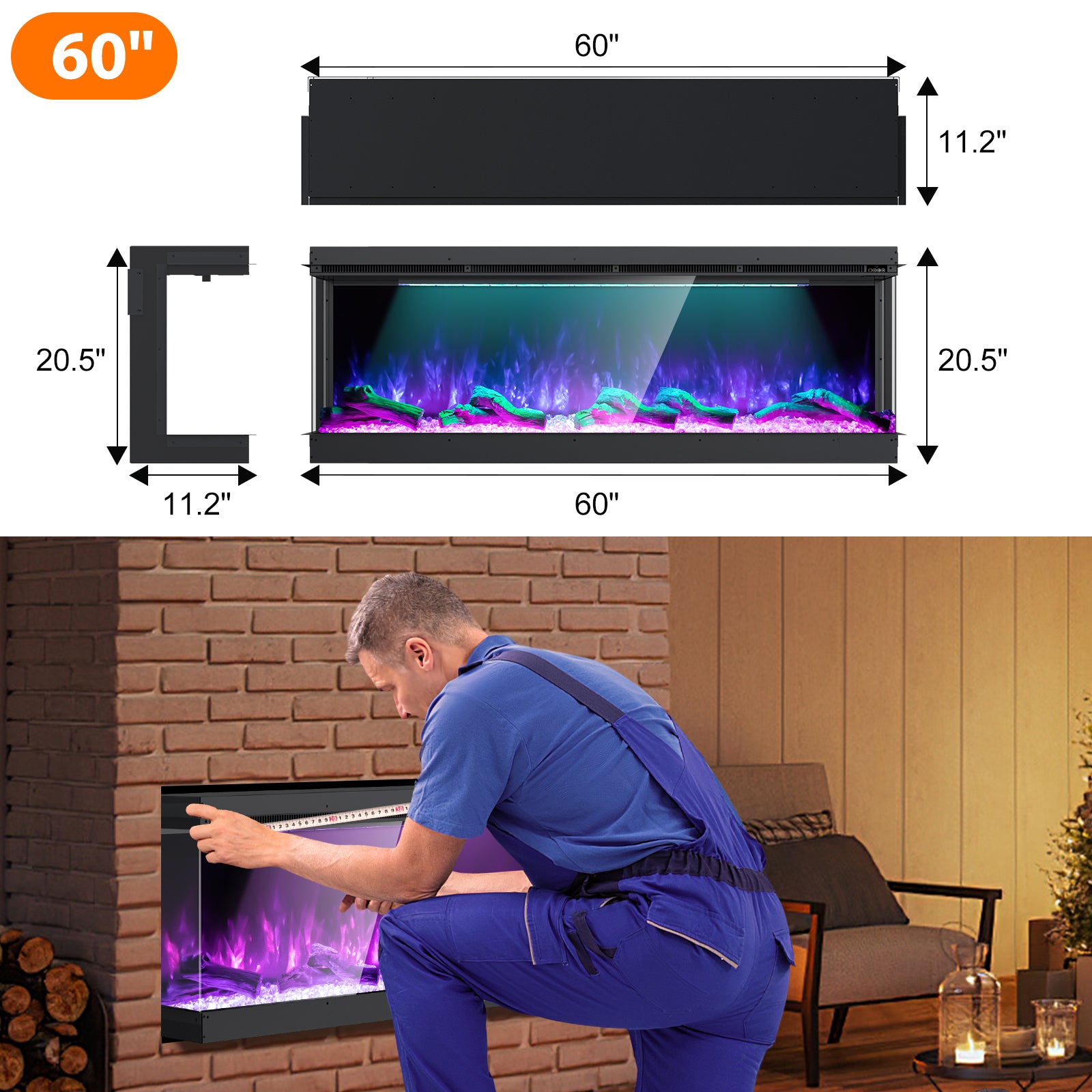 Recessed 3-Sided Electric Fireplace, 60-inch Smart WiFi 251 Flame Colors Combination Inserts Eletric Fire Place Heater for Living Room Indoor Use with Remote Control, Log & Crystals, Black