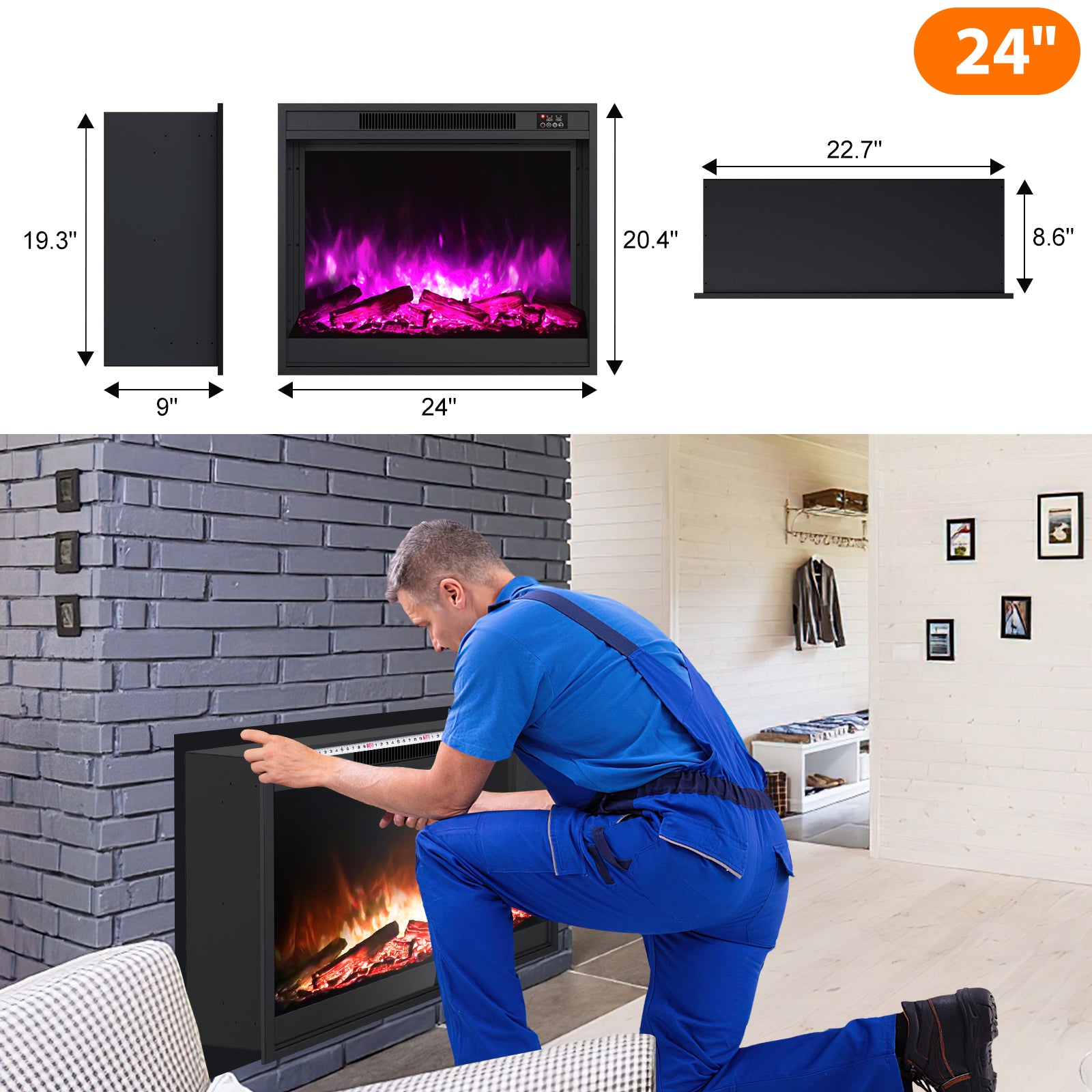 Electric Fireplace Inserts 24 inch Fire Place Eletric Fireplace Heater, Realistic LED Flame with Infrared Remote Control and Logs for Existing Living Space Room, Black