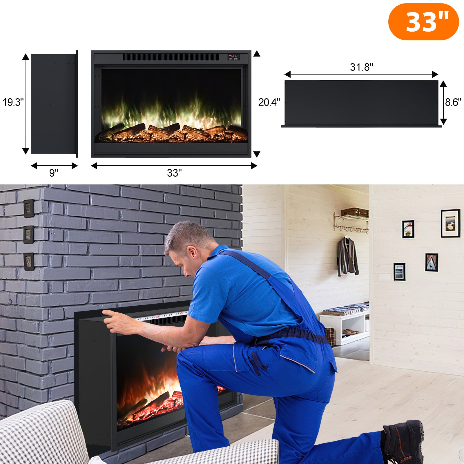 Electric Fireplace Inserts 33-inch Fire Place Eletric Fireplace Heater, Realistic LED Flame with Infrared Remote Control and Logs for Existing Living Space Room, Black