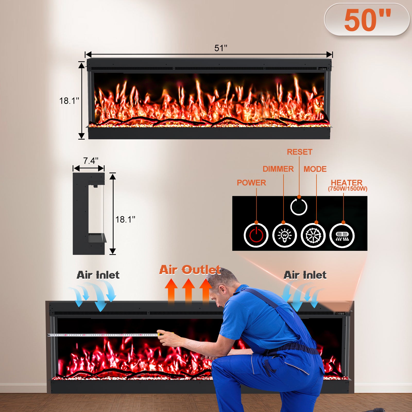 Inserts 3-Sided Electric Fireplace 50-inch Long Modern Eletric Fire Place Space Heater for Indoor Living Room Bedroom Use, Realistic Led Flame Color with Remote Control, Log & Crystals, Black