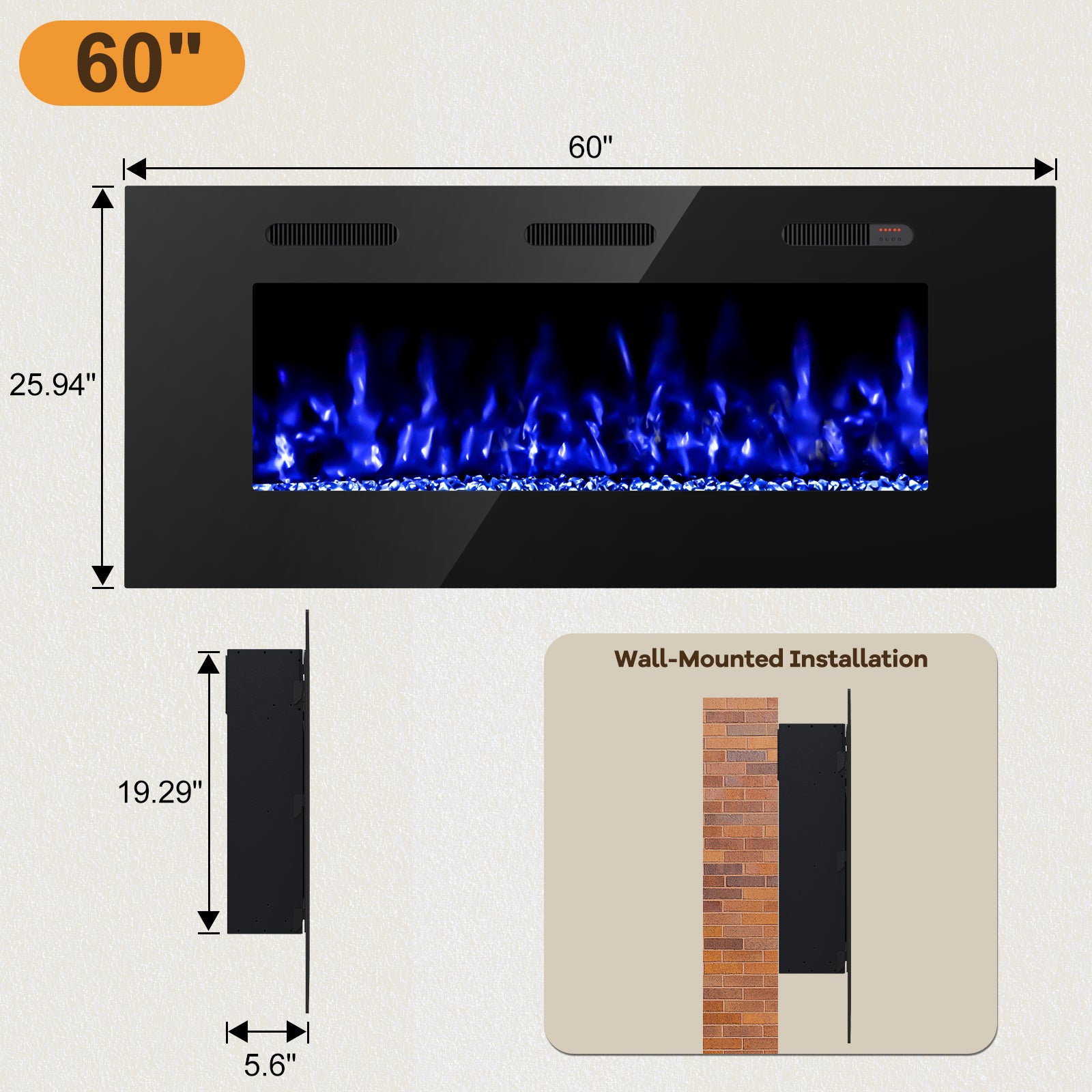 60-inch Ultra Thin Wall Mounted Electric Fireplace Heater, Modern Fire Place Eletric Fireplace for Indoor Living Room Bedroom Use, Realistic LED Flame with Remote Control, Crystals, Black