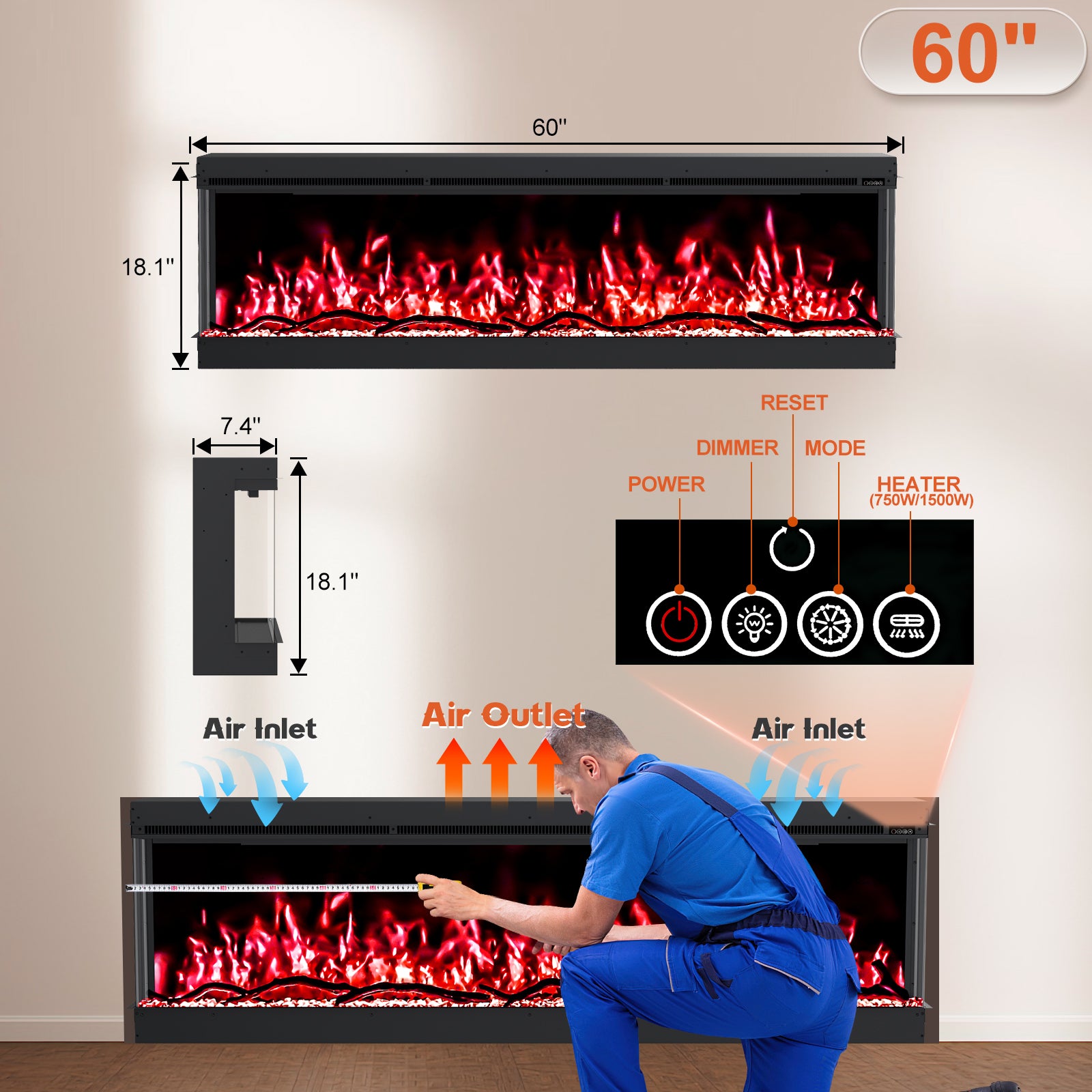 Inserts 3-Sided Electric Fireplace 60-inch Long Modern Eletric Fire Place Space Heater for Indoor Living Room Bedroom Use, Realistic Led Flame Color with Remote Control, Log & Crystals, Black