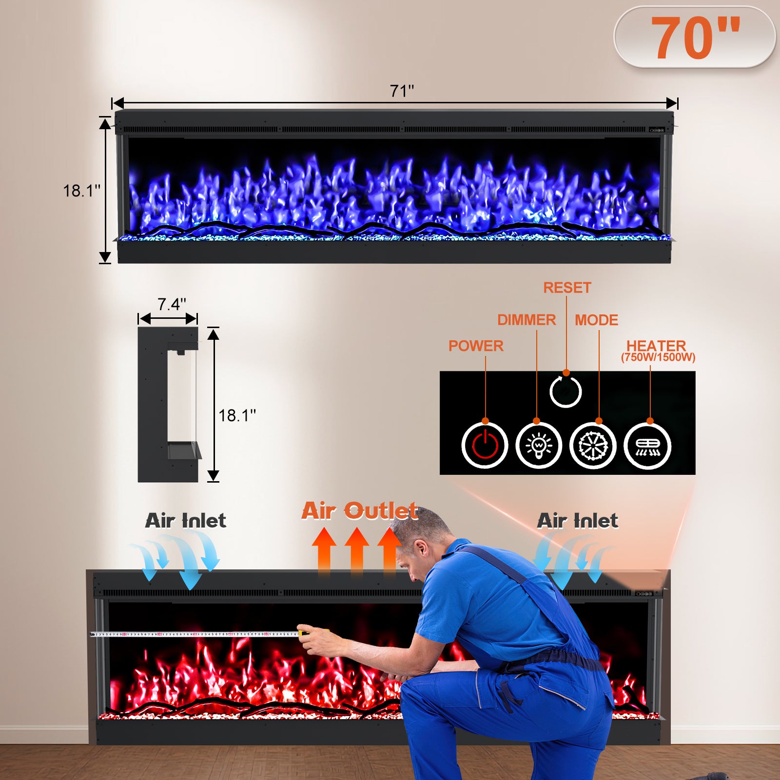 Inserts 3-Sided Electric Fireplace 70-inch Long Modern Eletric Fire Place Space Heater for Indoor Living Room Bedroom Use, Realistic Led Flame Color with Remote Control, Log & Crystals, Black