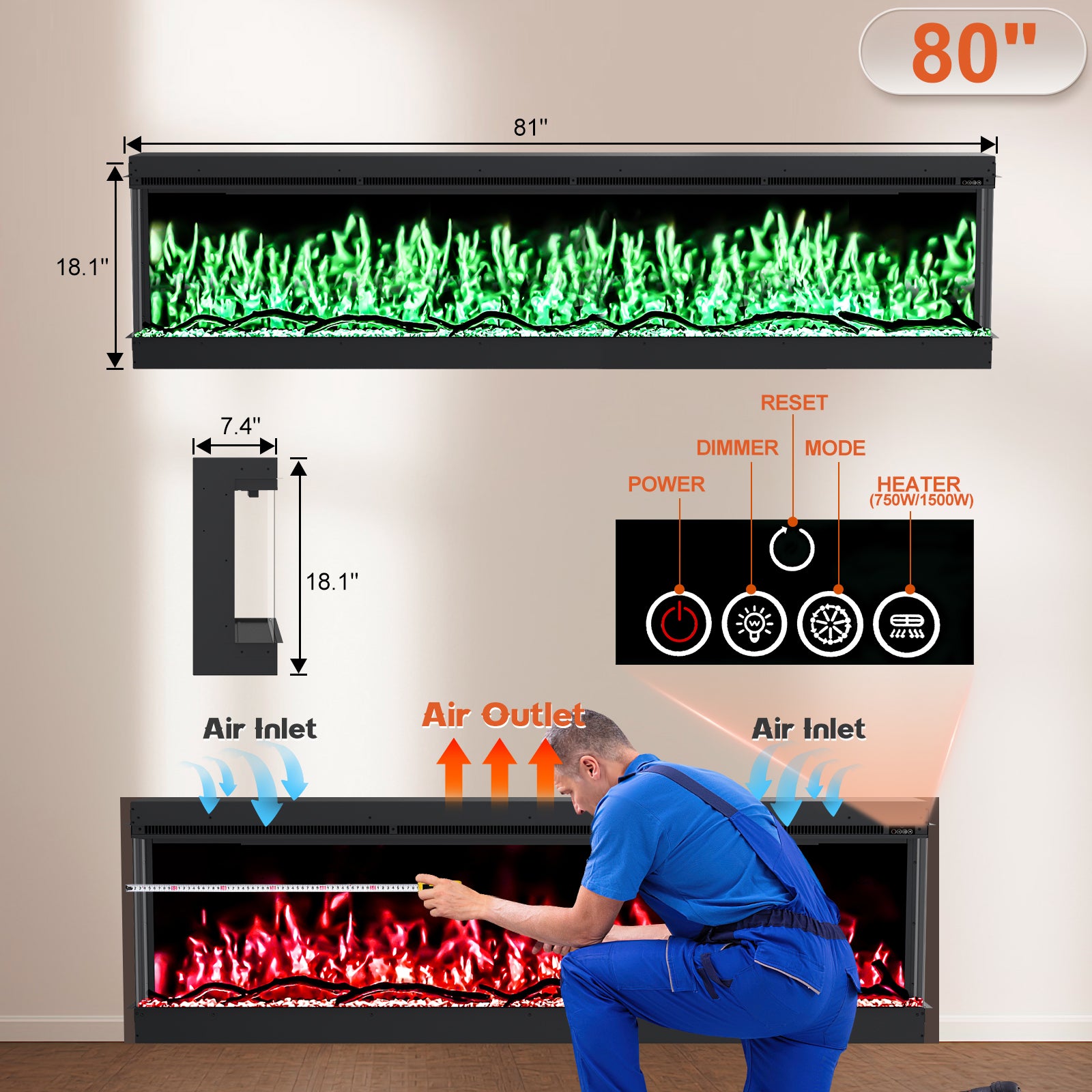 Inserts 3-Sided Electric Fireplace 80-inch Long Modern Eletric Fire Place Space Heater for Indoor Living Room Bedroom Use, Realistic Led Flame Color with Remote Control, Log & Crystals, Black