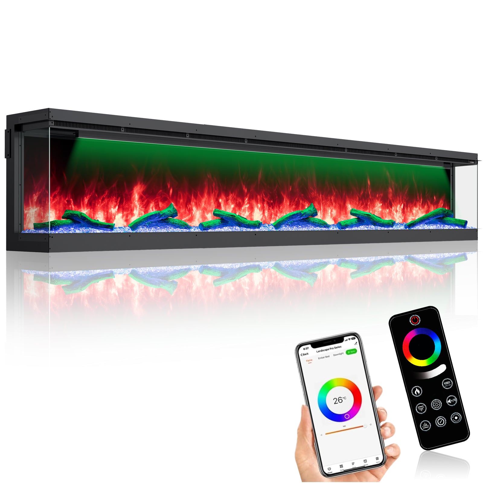 Recessed 3-Sided Electric Fireplace, 100-inch Smart WiFi 251 Flame Colors Combination Inserts Eletric Fire Place Heater for Living Room Indoor Use with Remote Control, Log & Crystals, Black