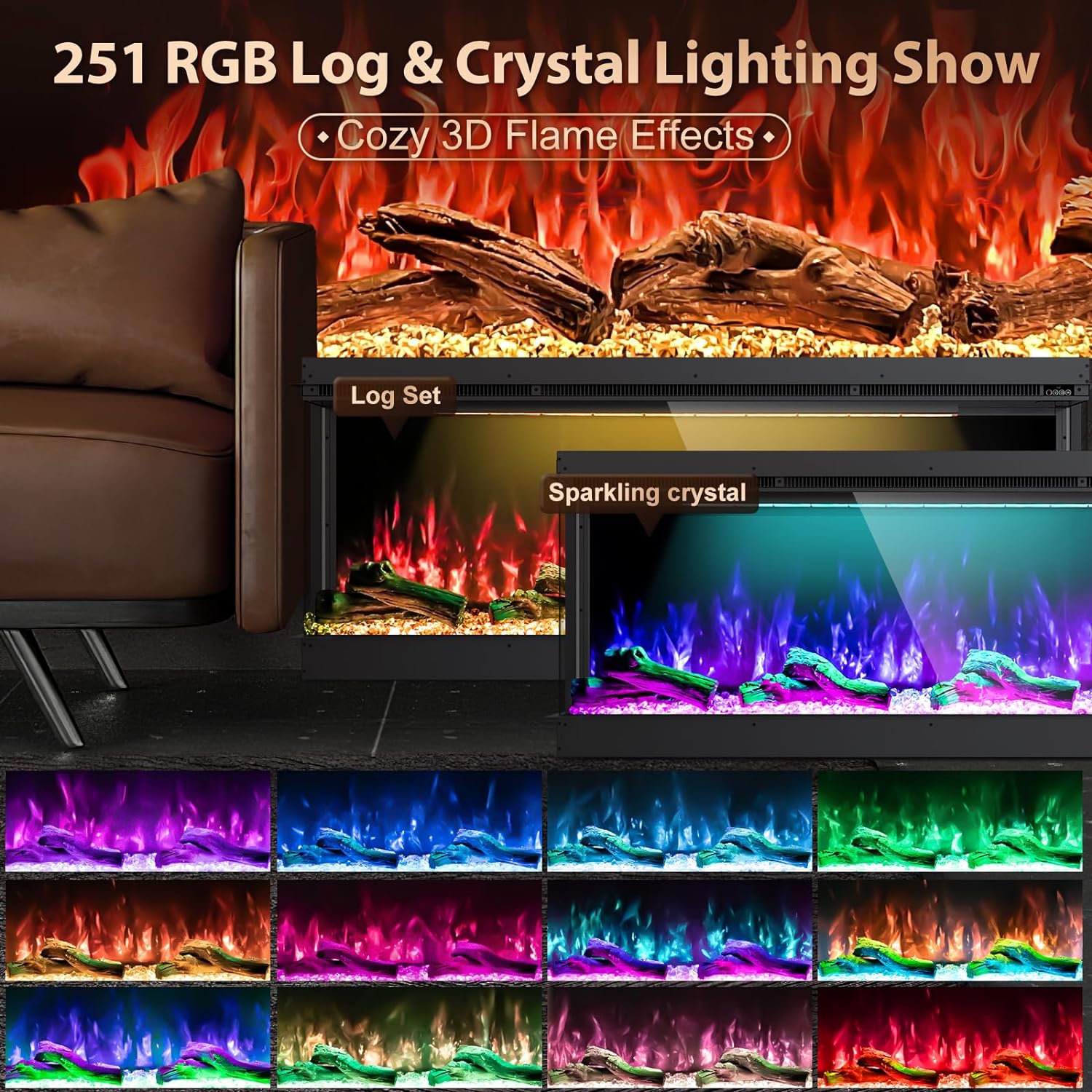 Recessed 3-Sided Electric Fireplace, 50-inch Smart WiFi 251 Flame Colors Combination Inserts Eletric Fire Place Heater for Living Room Indoor Use with Remote Control, Log & Crystals, Black