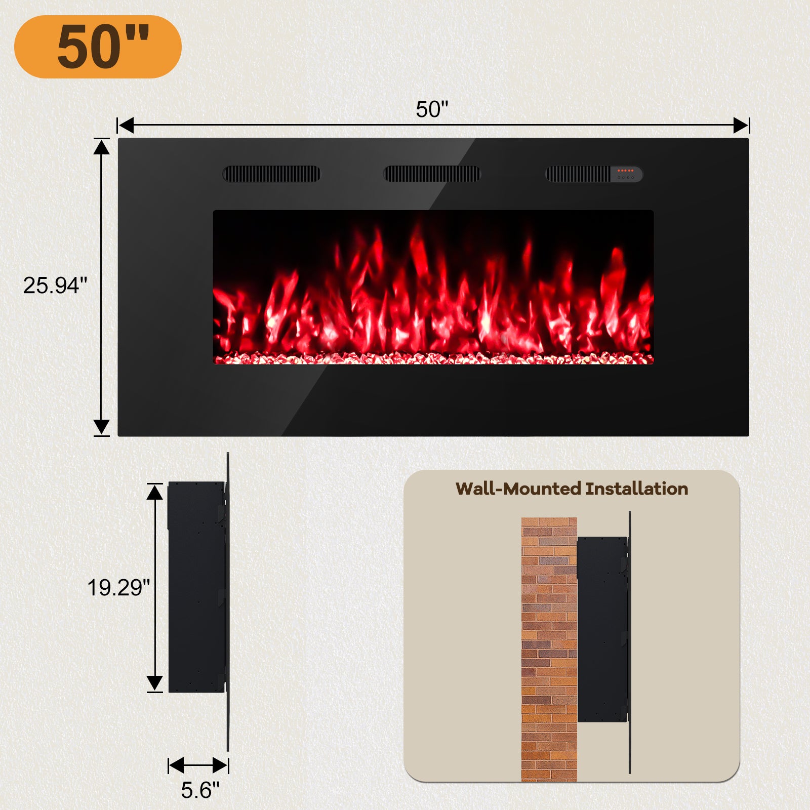50-inch Ultra Thin Wall Mounted Electric Fireplace Heater, Modern Fire Place Eletric Fireplace for Indoor Living Room Bedroom Use, Realistic LED Flame with Remote Control, Crystals, Black