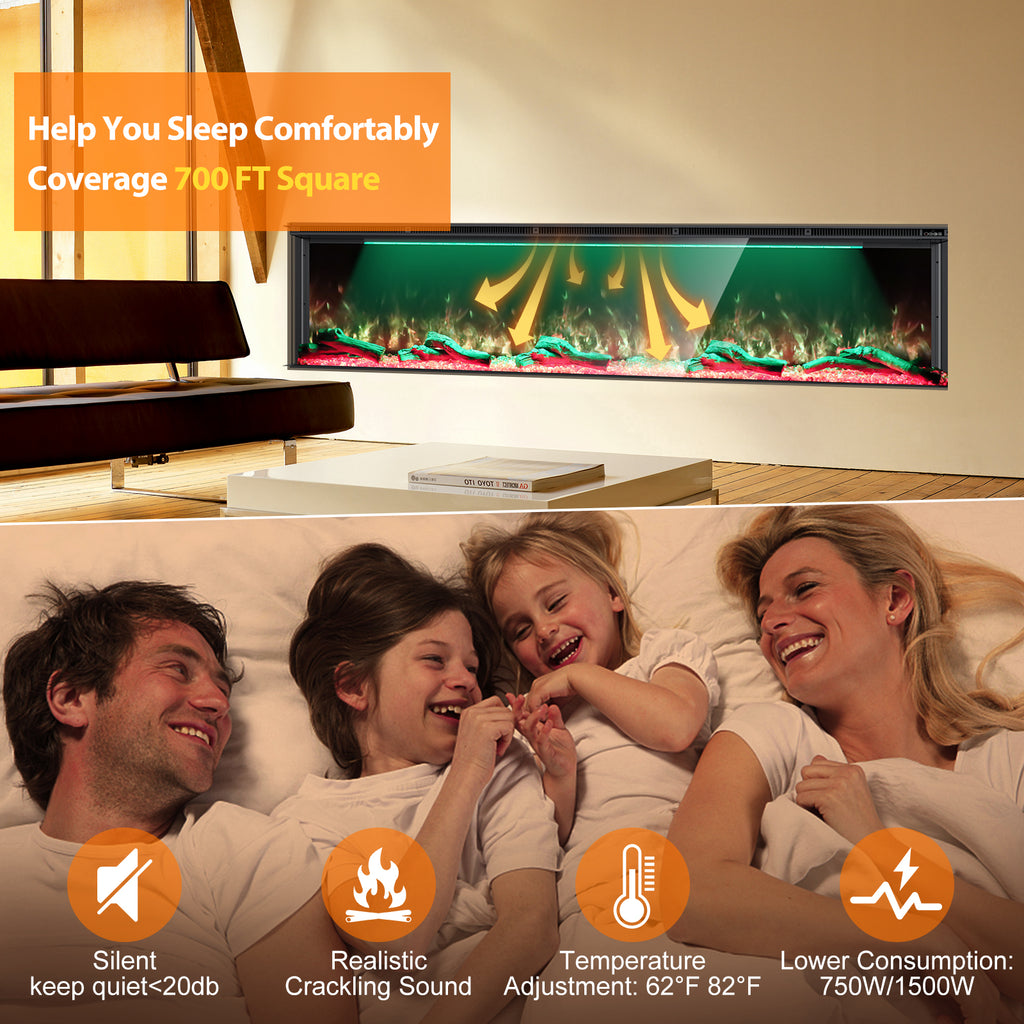Recessed 3-Sided Electric Fireplace, 80-inch Smart WiFi 251 Flame Colors Combination Inserts Eletric Fire Place Heater for Living Room Indoor Use with Remote Control, Log & Crystals, Black
