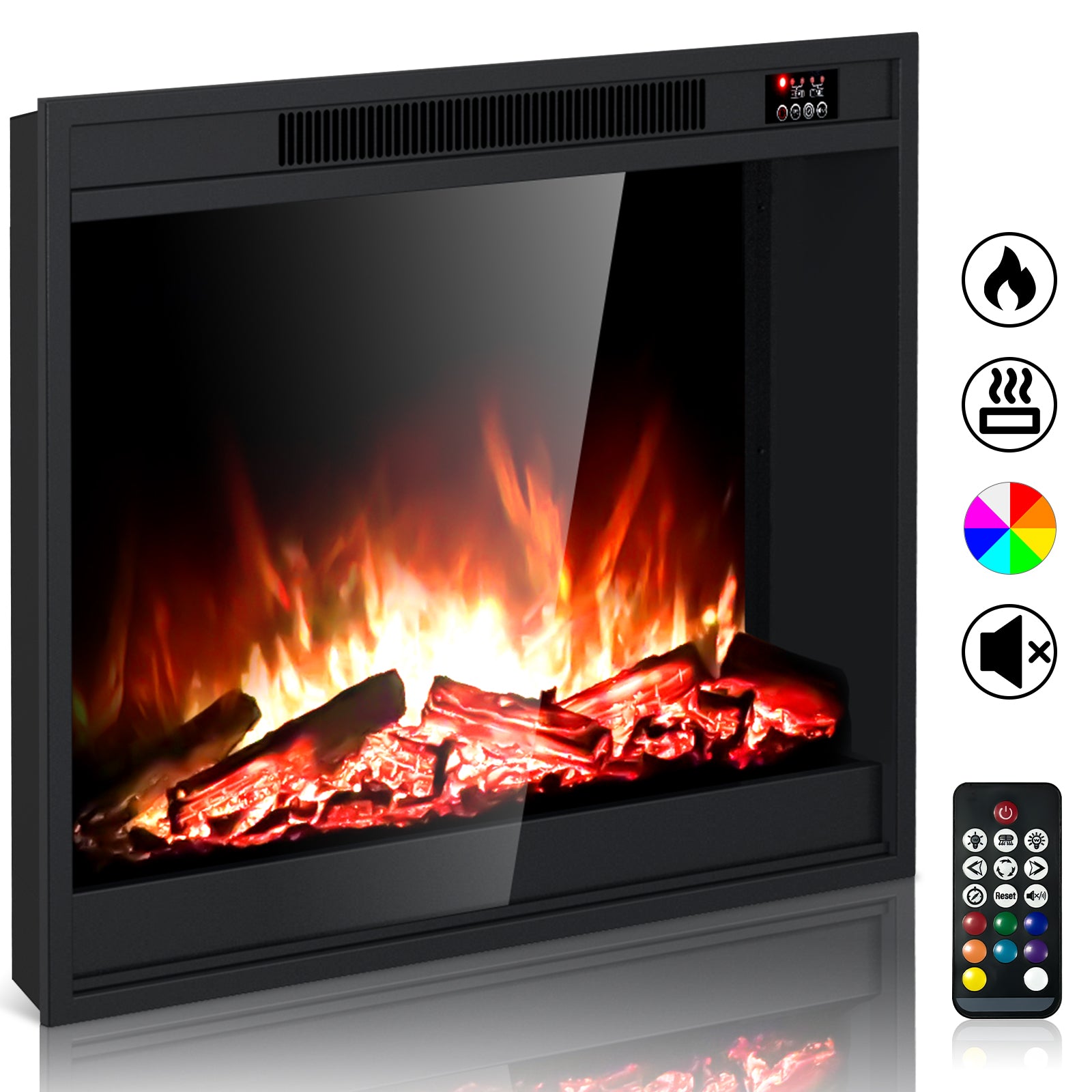 Electric Fireplace Inserts 24 inch Fire Place Eletric Fireplace Heater, Realistic LED Flame with Infrared Remote Control and Logs for Existing Living Space Room, Black