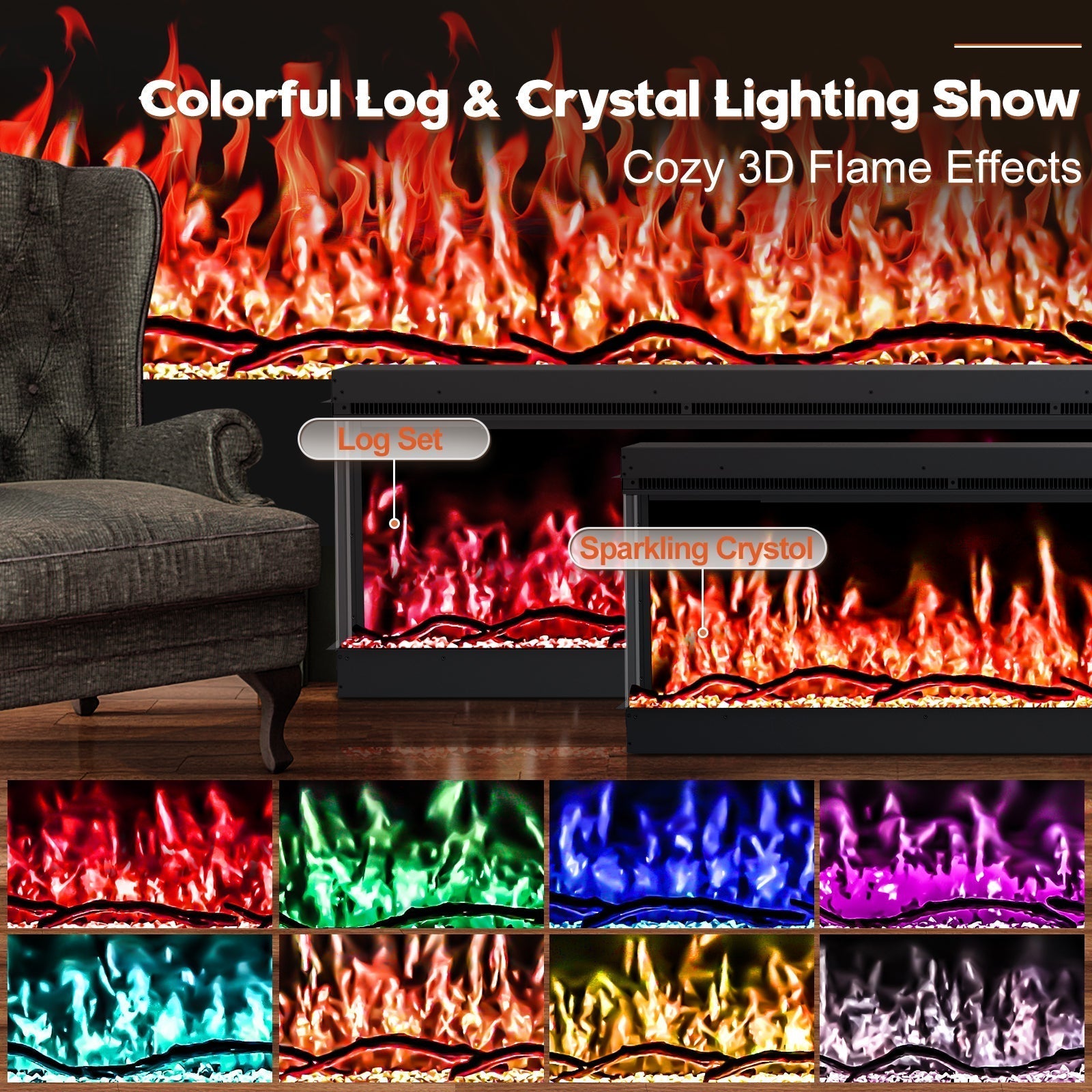 Inserts 3-Sided Electric Fireplace 80-inch Long Modern Eletric Fire Place Space Heater for Indoor Living Room Bedroom Use, Realistic Led Flame Color with Remote Control, Log & Crystals, Black