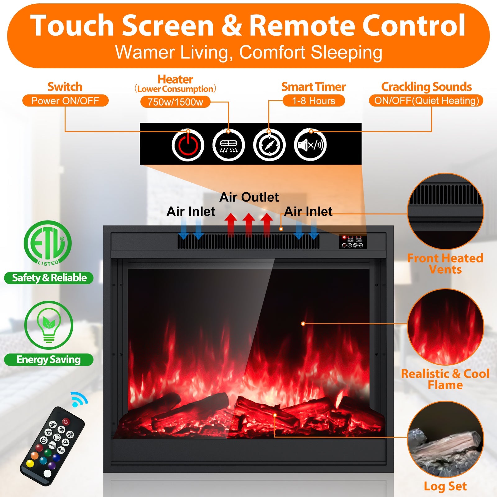 Electric Fireplace Inserts 33-inch Fire Place Eletric Fireplace Heater, Realistic LED Flame with Infrared Remote Control and Logs for Existing Living Space Room, Black