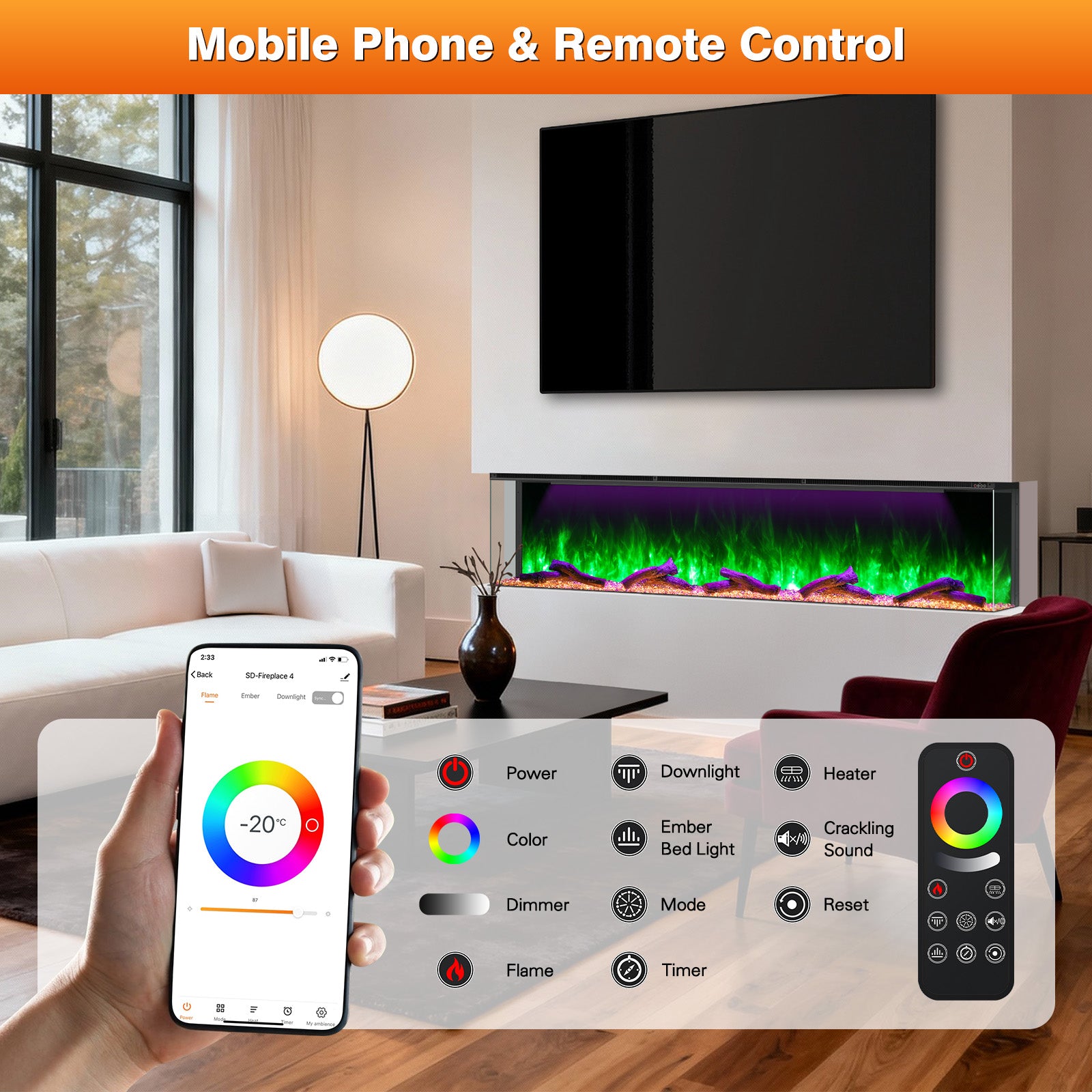 Recessed 3-Sided Electric Fireplace, 80-inch Smart WiFi 251 Flame Colors Combination Inserts Eletric Fire Place Heater for Living Room Indoor Use with Remote Control, Log & Crystals, Black