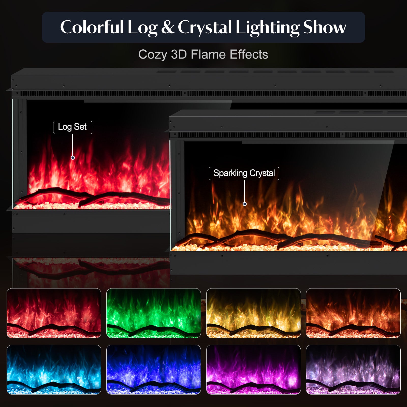 Inserts 3-Sided Electric Fireplace 70-inch Long Modern Eletric Fire Place Space Heater for Indoor Living Room Bedroom Use, Realistic Led Flame Color with Remote Control, Log & Crystals, Black