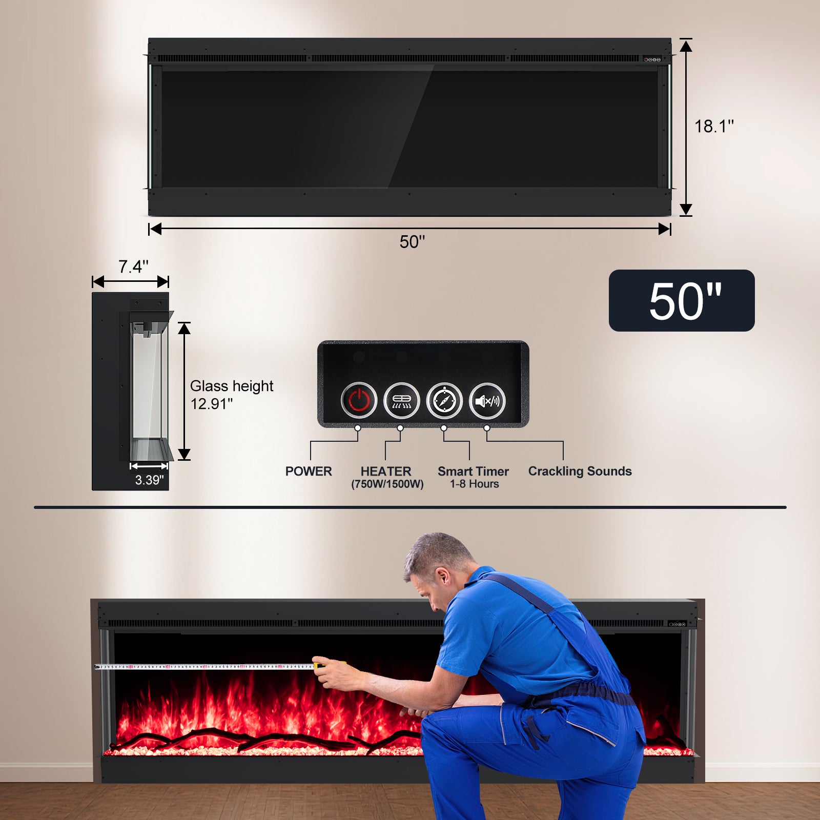 Inserts 3-Sided Electric Fireplace 50-inch Long Modern Eletric Fire Place Space Heater for Indoor Living Room Bedroom Use, Realistic Led Flame Color with Remote Control, Log & Crystals, Black