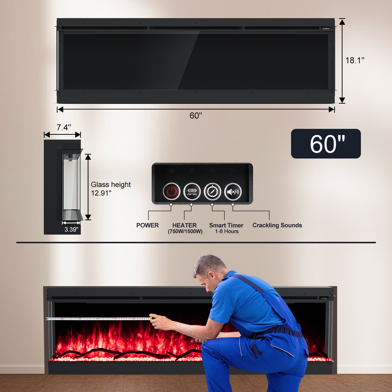 Inserts 3-Sided Electric Fireplace 60-inch Long Modern Eletric Fire Place Space Heater for Indoor Living Room Bedroom Use, Realistic Led Flame Color with Remote Control, Log & Crystals, Black