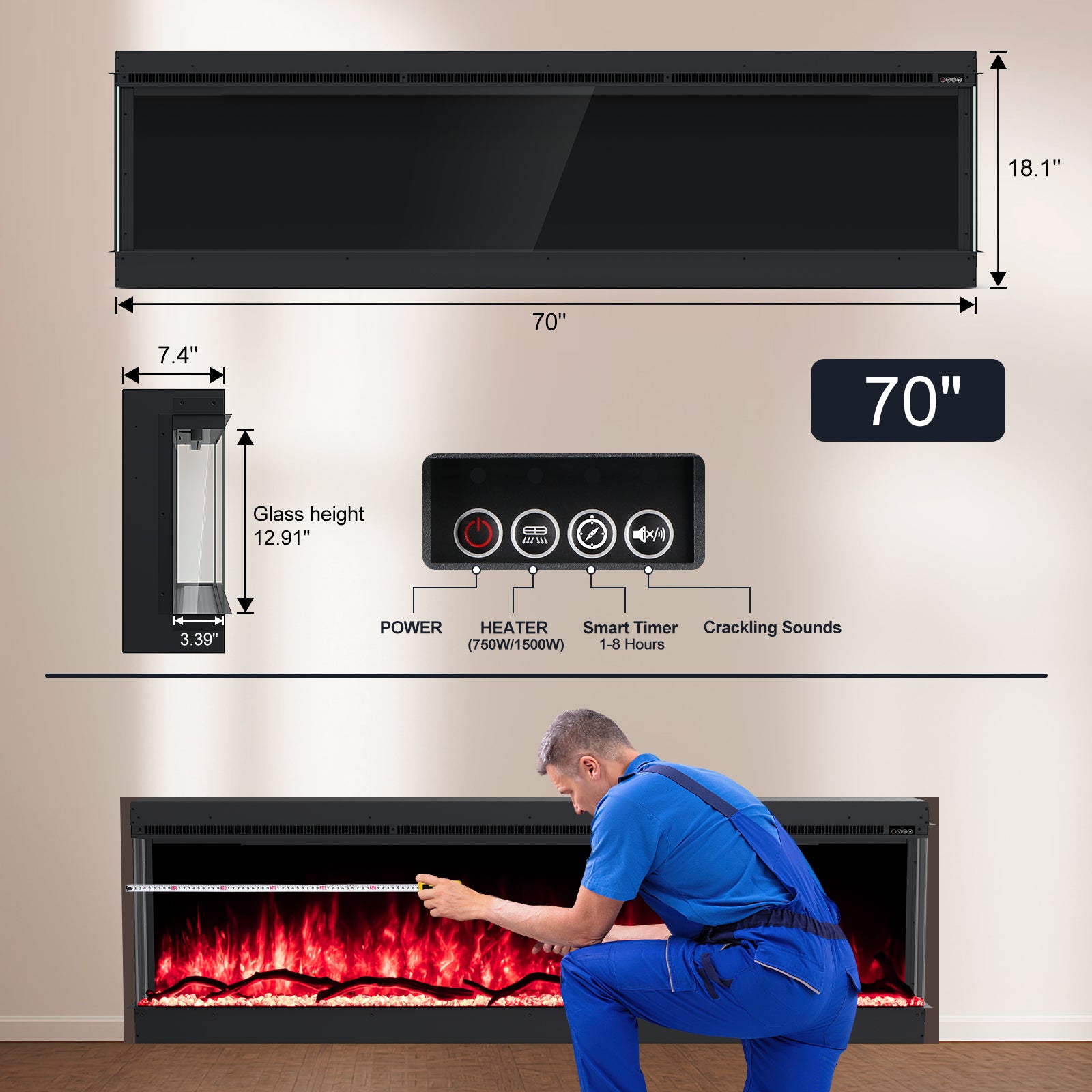 Inserts 3-Sided Electric Fireplace 70-inch Long Modern Eletric Fire Place Space Heater for Indoor Living Room Bedroom Use, Realistic Led Flame Color with Remote Control, Log & Crystals, Black