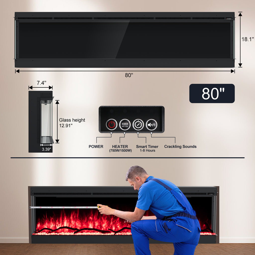 Inserts 3-Sided Electric Fireplace 80-inch Long Modern Eletric Fire Place Space Heater for Indoor Living Room Bedroom Use, Realistic Led Flame Color with Remote Control, Log & Crystals, Black