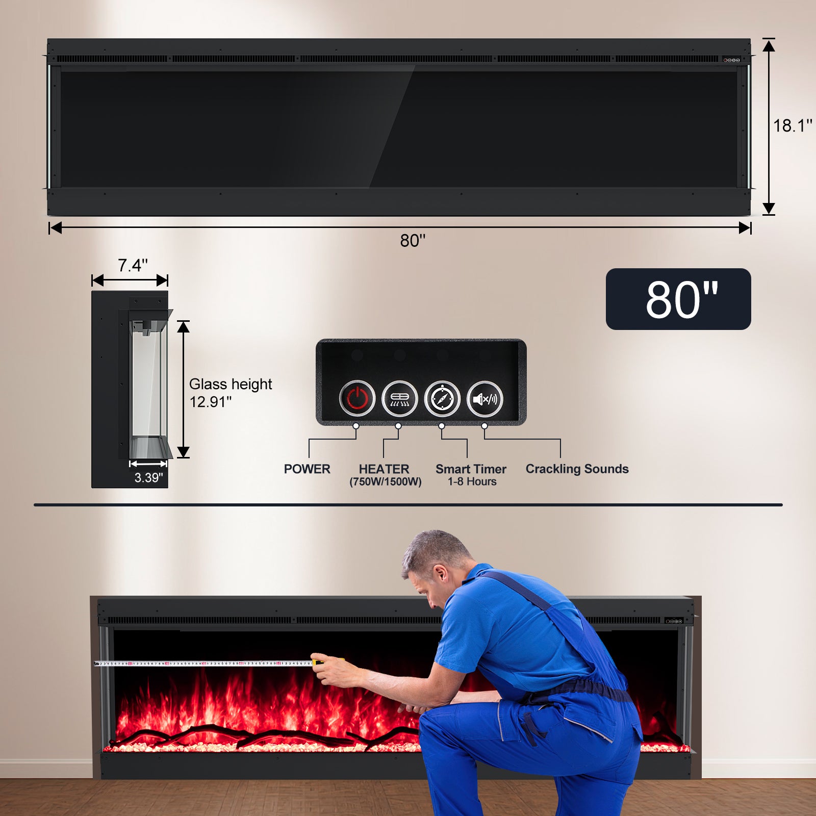 Inserts 3-Sided Electric Fireplace 80-inch Long Modern Eletric Fire Place Space Heater for Indoor Living Room Bedroom Use, Realistic Led Flame Color with Remote Control, Log & Crystals, Black