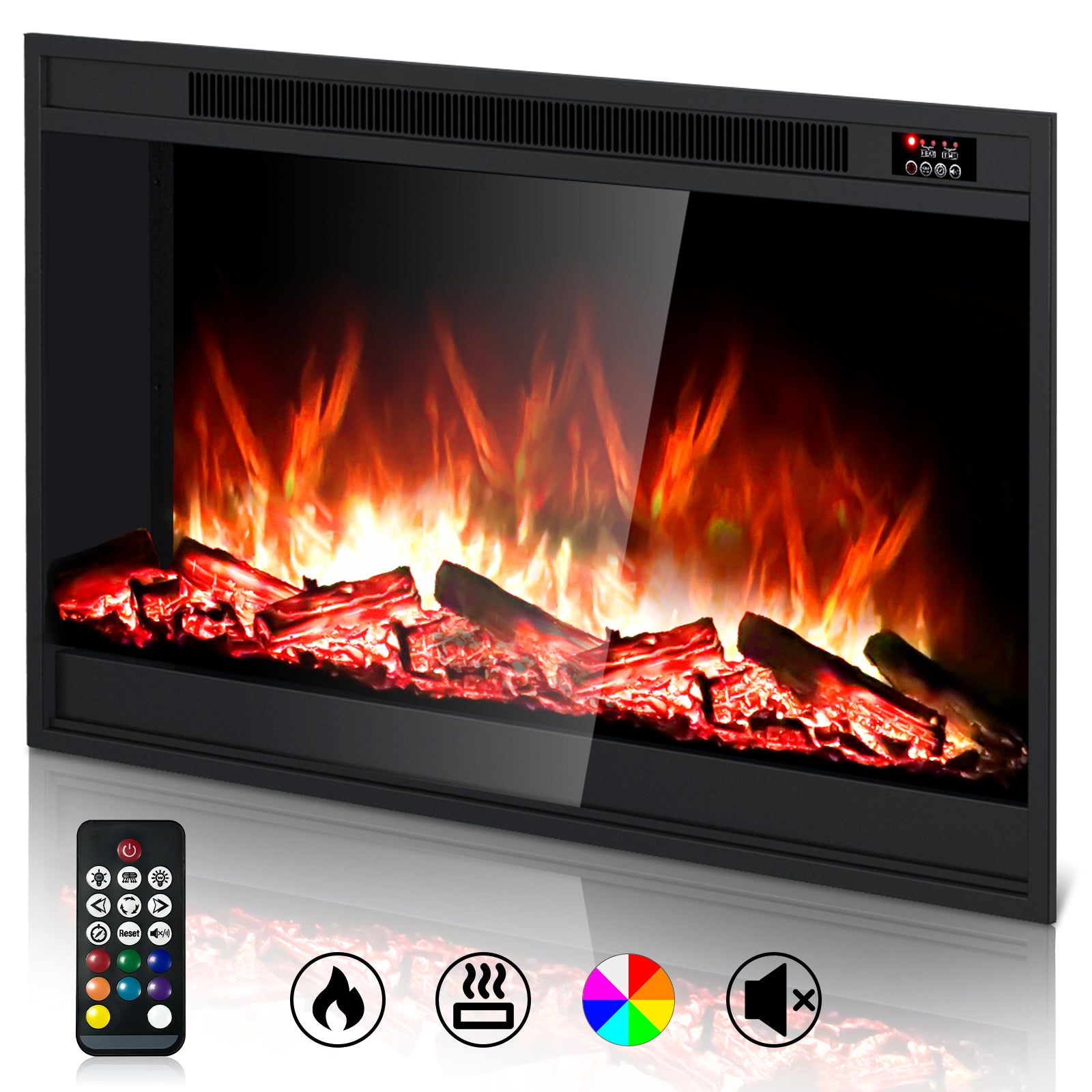 Electric Fireplace Inserts 24 inch Fire Place Eletric Fireplace Heater, Realistic LED Flame with Infrared Remote Control and Logs for Existing Living Space Room, Black
