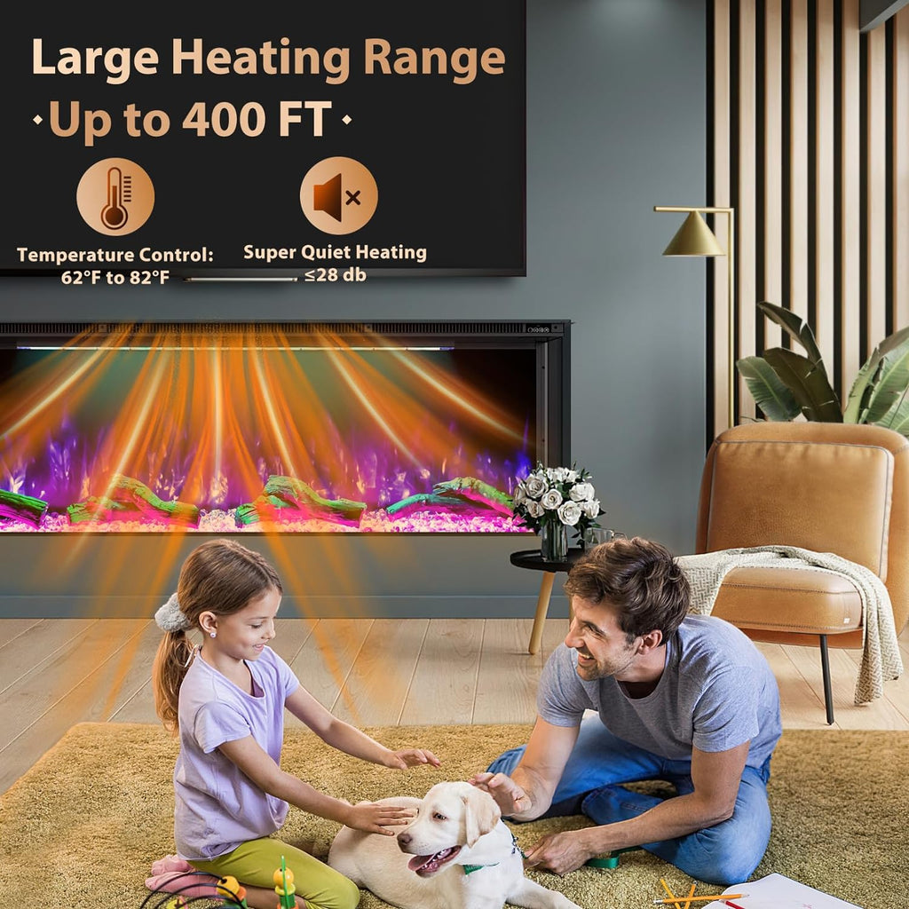 Recessed 3-Sided Electric Fireplace, 80-inch Smart WiFi 251 Flame Colors Combination Inserts Eletric Fire Place Heater for Living Room Indoor Use with Remote Control, Log & Crystals, Black