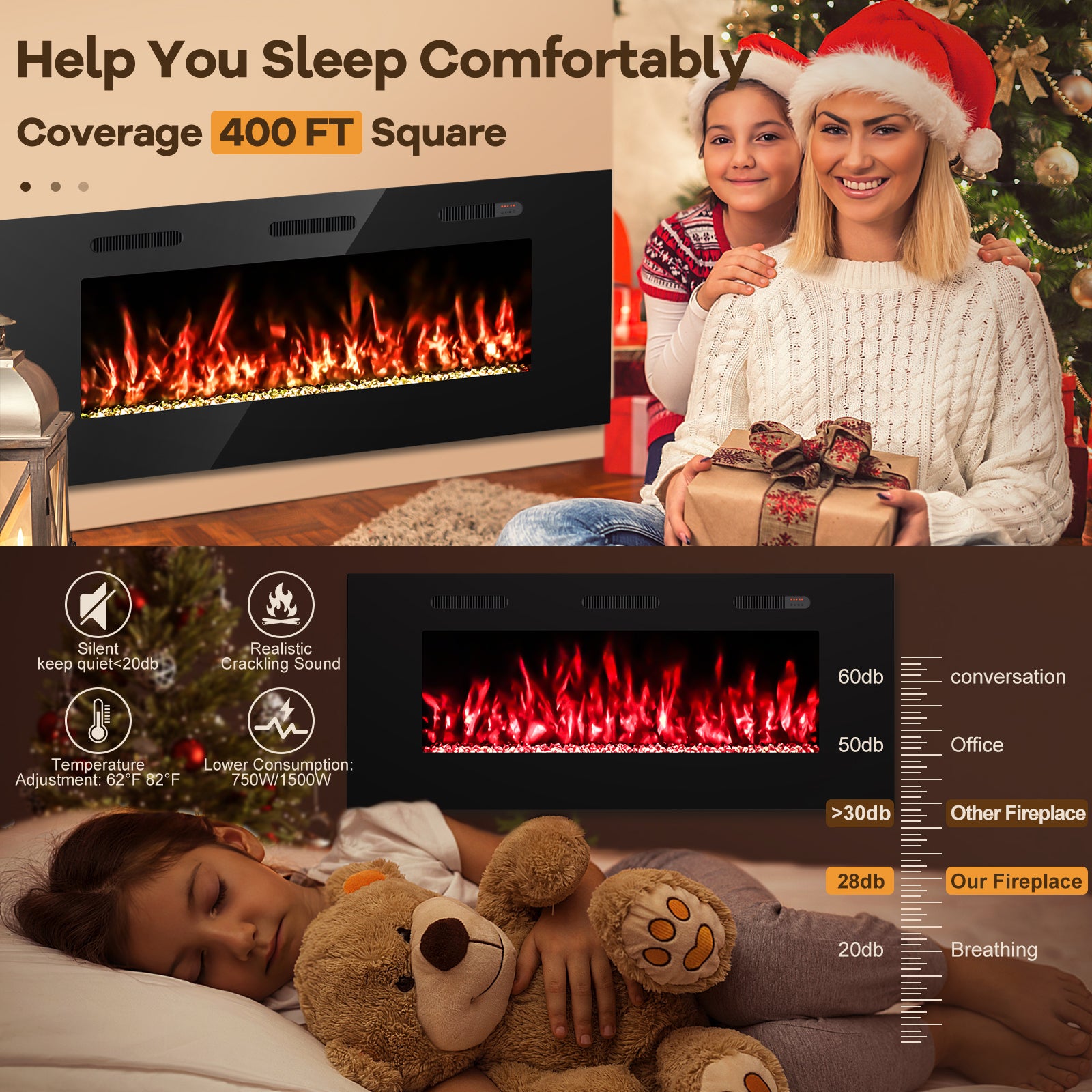 50-inch Ultra Thin Wall Mounted Electric Fireplace Heater, Modern Fire Place Eletric Fireplace for Indoor Living Room Bedroom Use, Realistic LED Flame with Remote Control, Crystals, Black