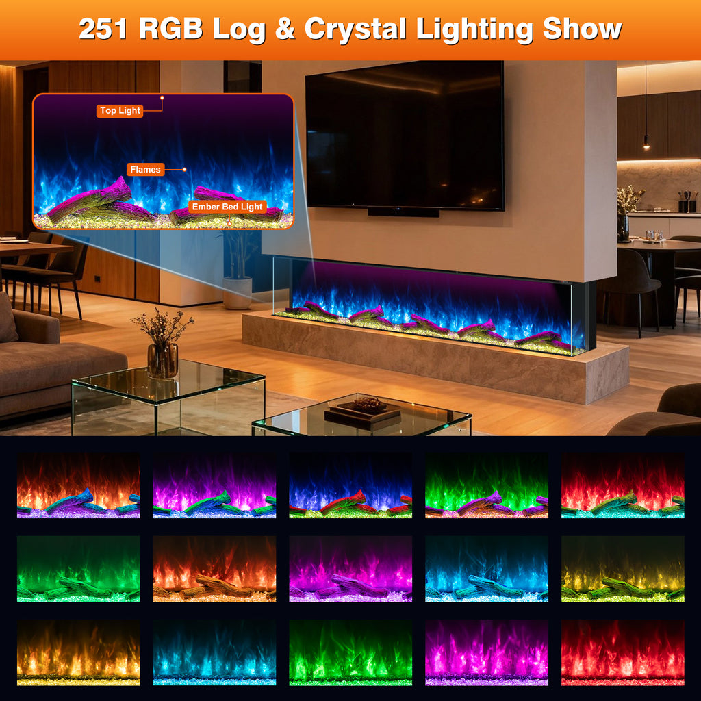 Recessed 3-Sided Electric Fireplace, 60-inch Smart WiFi 251 Flame Colors Combination Inserts Eletric Fire Place Heater for Living Room Indoor Use with Remote Control, Log & Crystals, Black