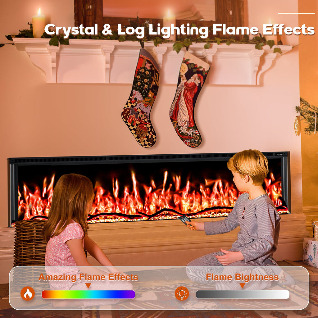 Inserts 3-Sided Electric Fireplace 60-inch Long Modern Eletric Fire Place Space Heater for Indoor Living Room Bedroom Use, Realistic Led Flame Color with Remote Control, Log & Crystals, Black