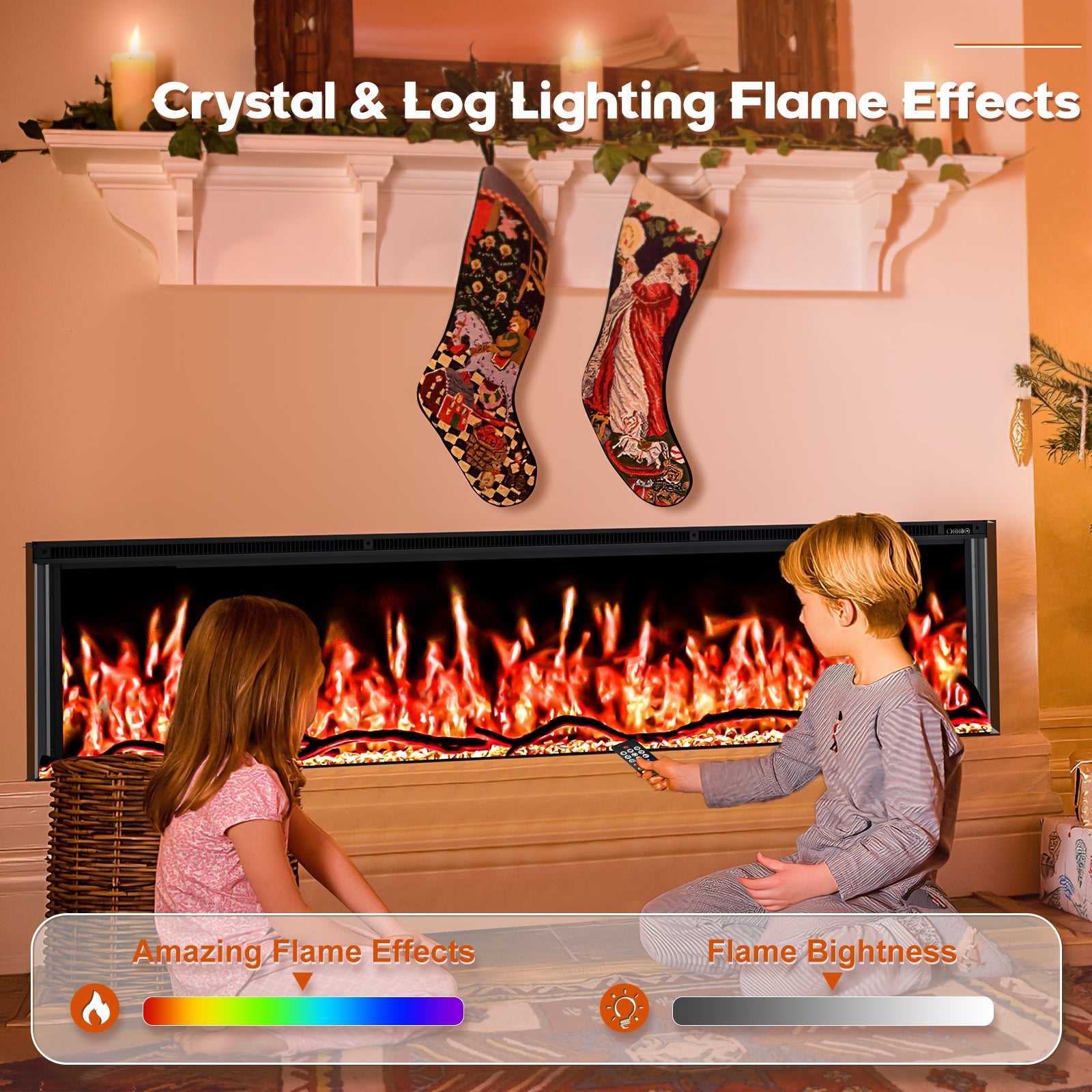 Inserts 3-Sided Electric Fireplace 60-inch Long Modern Eletric Fire Place Space Heater for Indoor Living Room Bedroom Use, Realistic Led Flame Color with Remote Control, Log & Crystals, Black