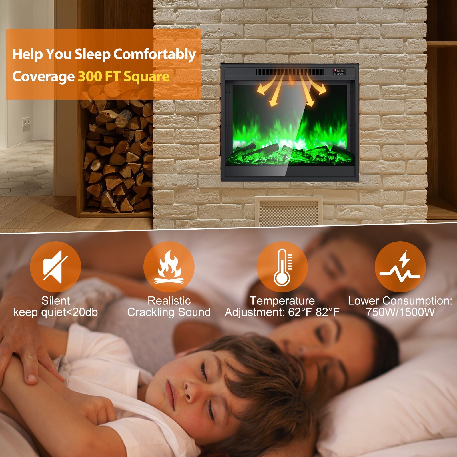 Electric Fireplace Inserts 33-inch Fire Place Eletric Fireplace Heater, Realistic LED Flame with Infrared Remote Control and Logs for Existing Living Space Room, Black