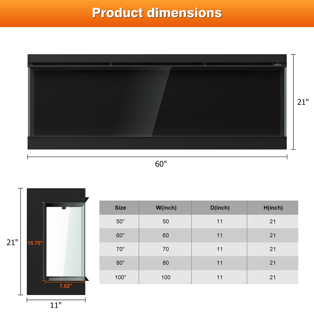 Recessed 3-Sided Electric Fireplace, 60-inch Smart WiFi 251 Flame Colors Combination Inserts Eletric Fire Place Heater for Living Room Indoor Use with Remote Control, Log & Crystals, Black