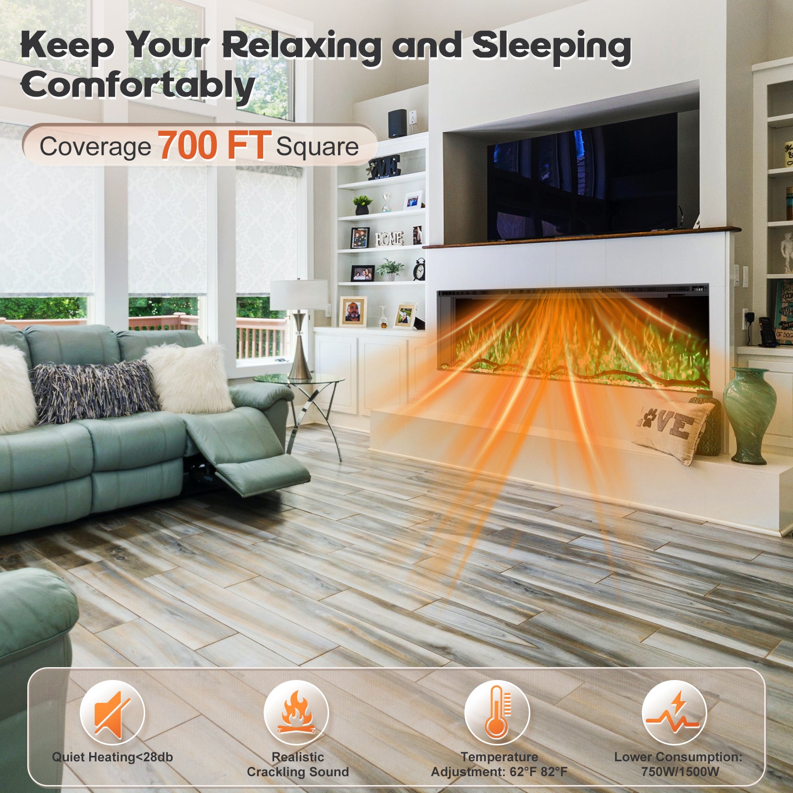 Inserts 3-Sided Electric Fireplace 80-inch Long Modern Eletric Fire Place Space Heater for Indoor Living Room Bedroom Use, Realistic Led Flame Color with Remote Control, Log & Crystals, Black