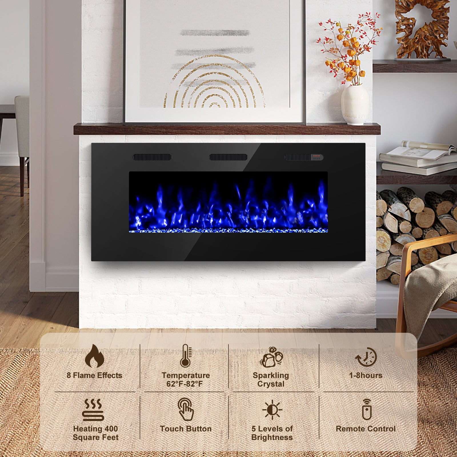 60-inch Ultra Thin Wall Mounted Electric Fireplace Heater, Modern Fire Place Eletric Fireplace for Indoor Living Room Bedroom Use, Realistic LED Flame with Remote Control, Crystals, Black