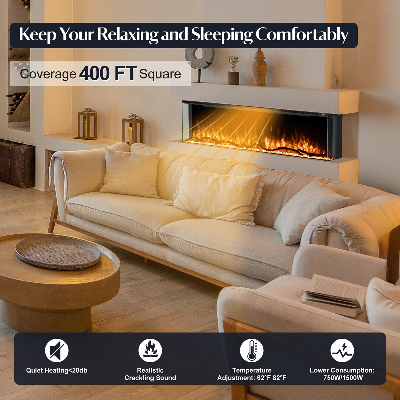 Inserts 3-Sided Electric Fireplace 70-inch Long Modern Eletric Fire Place Space Heater for Indoor Living Room Bedroom Use, Realistic Led Flame Color with Remote Control, Log & Crystals, Black