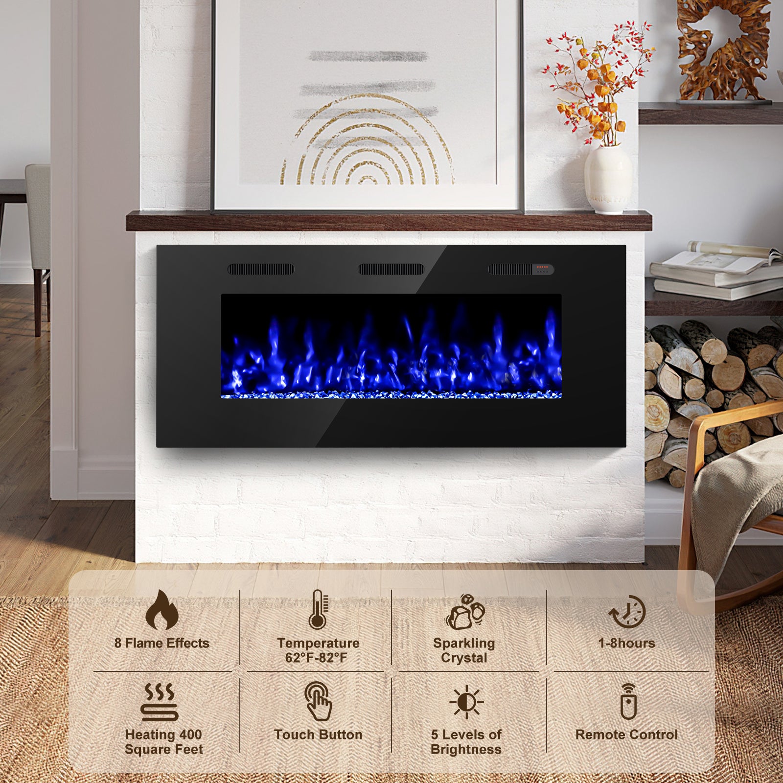 50-inch Ultra Thin Wall Mounted Electric Fireplace Heater, Modern Fire Place Eletric Fireplace for Indoor Living Room Bedroom Use, Realistic LED Flame with Remote Control, Crystals, Black