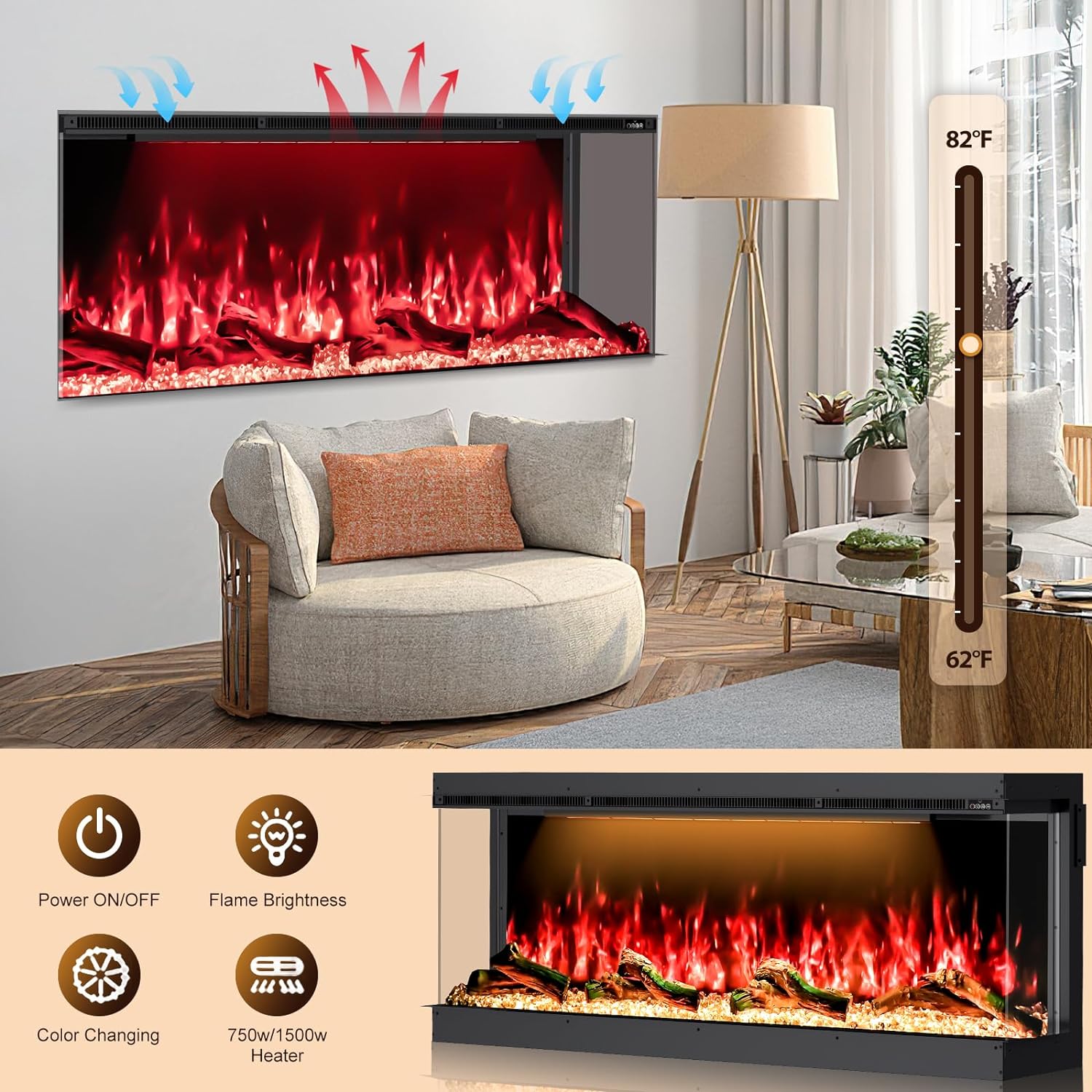 Recessed 3-Sided Electric Fireplace, 100-inch Smart WiFi 251 Flame Colors Combination Inserts Eletric Fire Place Heater for Living Room Indoor Use with Remote Control, Log & Crystals, Black
