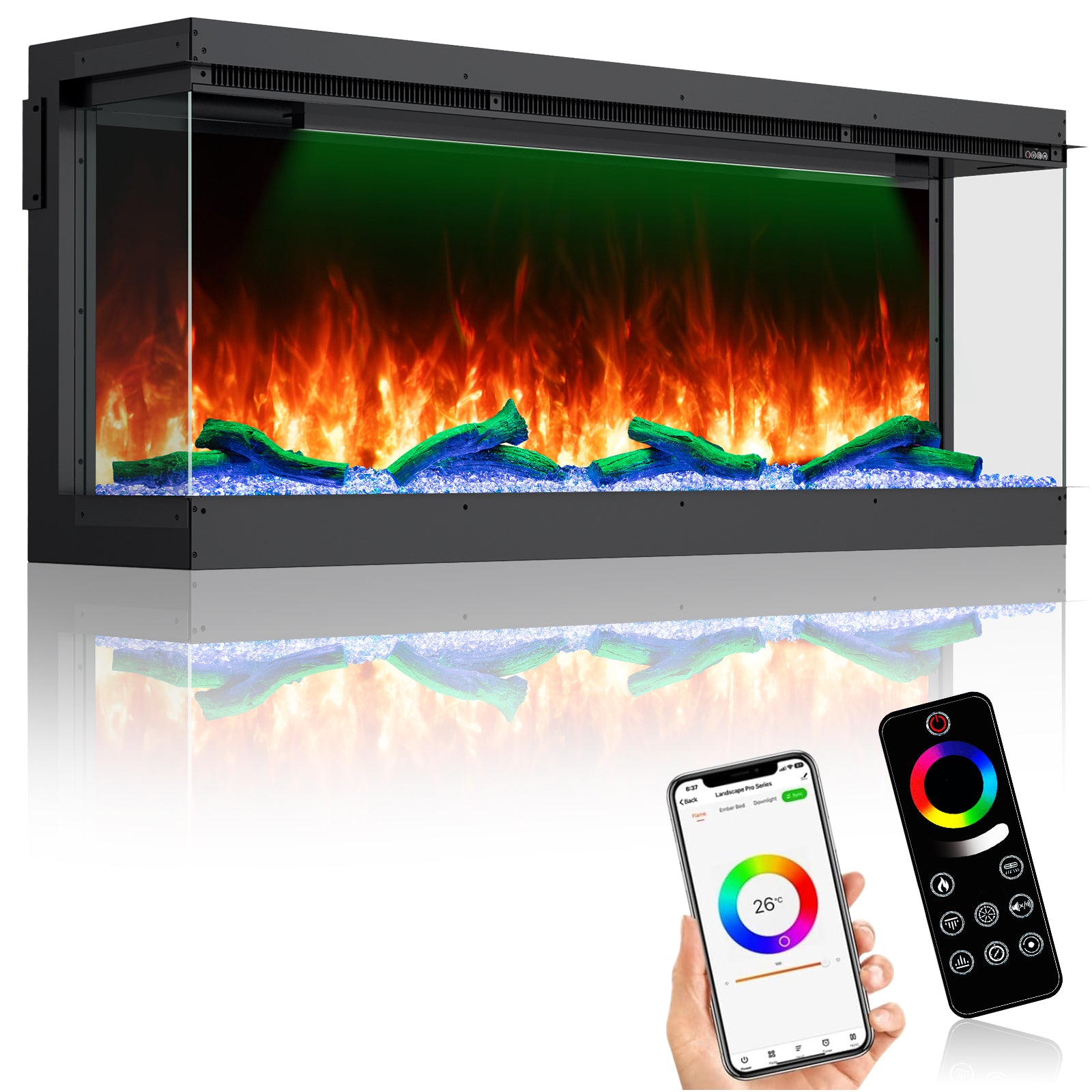 Recessed 3-Sided Electric Fireplace, 50-inch Smart WiFi 251 Flame Colors Combination Inserts Eletric Fire Place Heater for Living Room Indoor Use with Remote Control, Log & Crystals, Black
