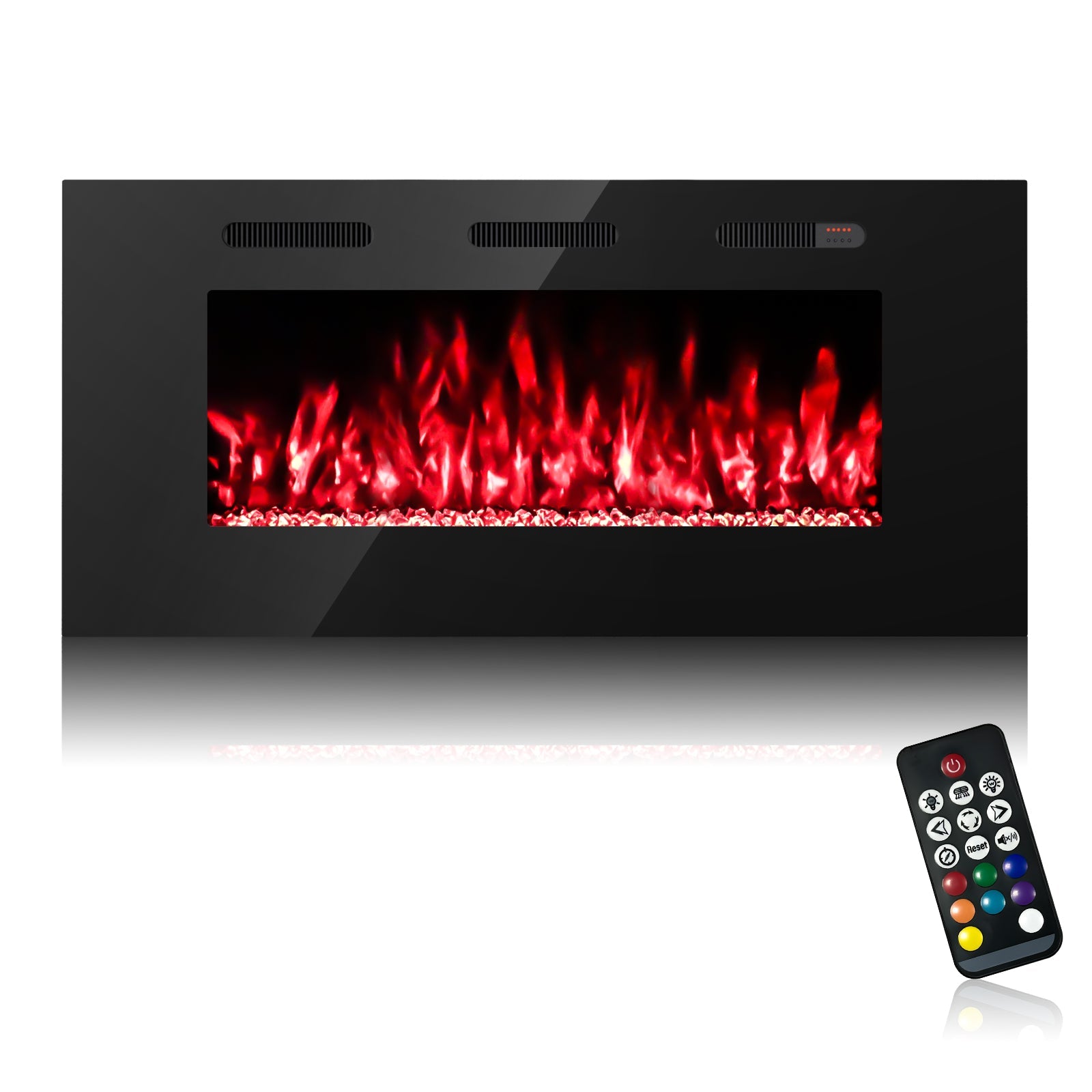 60-inch Ultra Thin Wall Mounted Electric Fireplace Heater, Modern Fire Place Eletric Fireplace for Indoor Living Room Bedroom Use, Realistic LED Flame with Remote Control, Crystals, Black