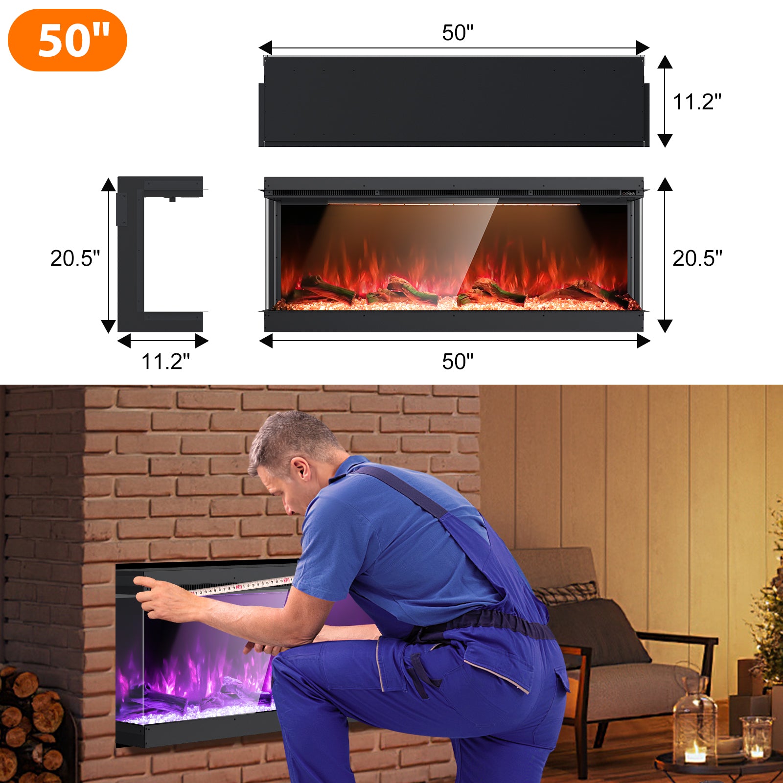 Recessed 3-Sided Electric Fireplace, 50-inch Smart WiFi 251 Flame Colors Combination Inserts Eletric Fire Place Heater for Living Room Indoor Use with Remote Control, Log & Crystals, Black