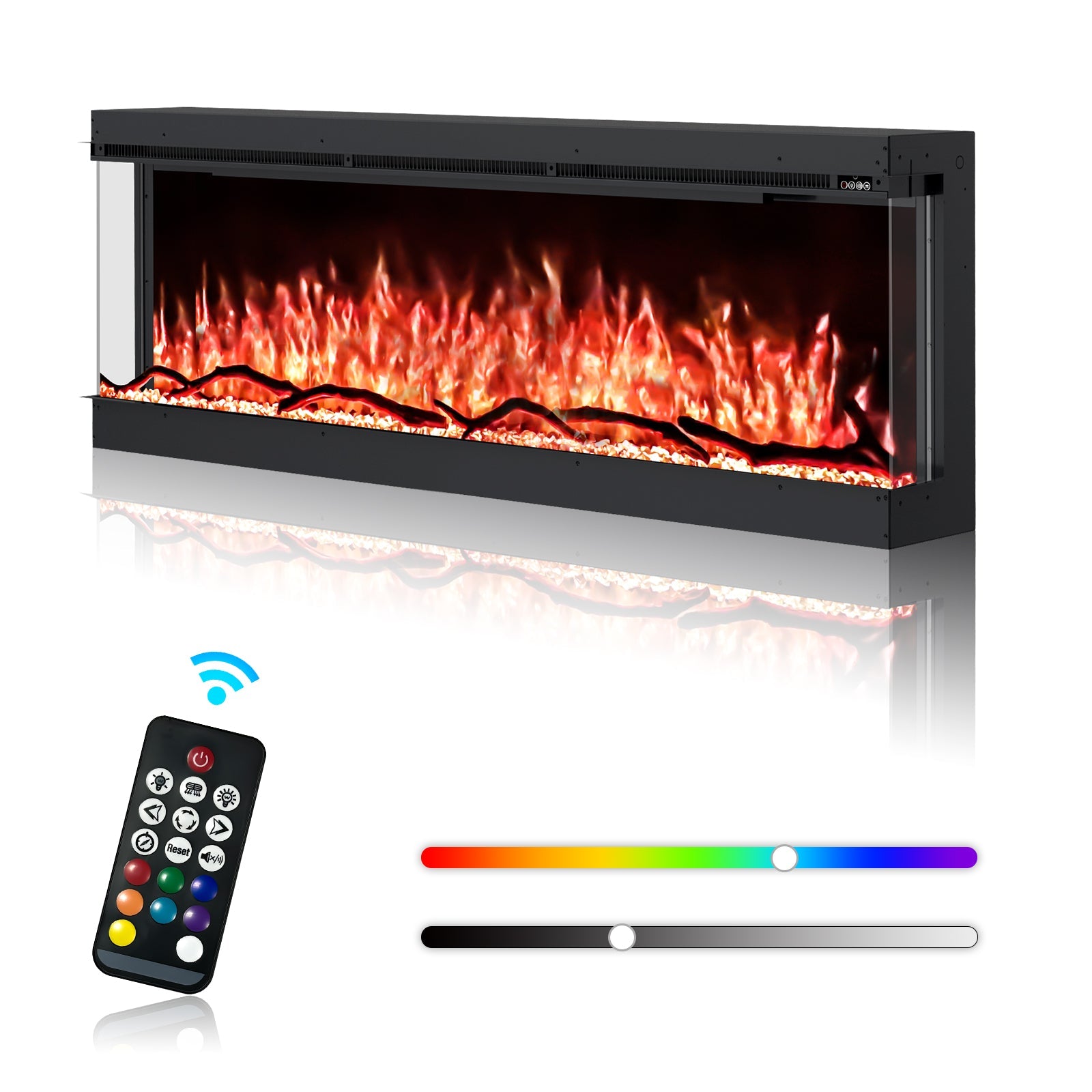Inserts 3-Sided Electric Fireplace 70-inch Long Modern Eletric Fire Place Space Heater for Indoor Living Room Bedroom Use, Realistic Led Flame Color with Remote Control, Log & Crystals, Black