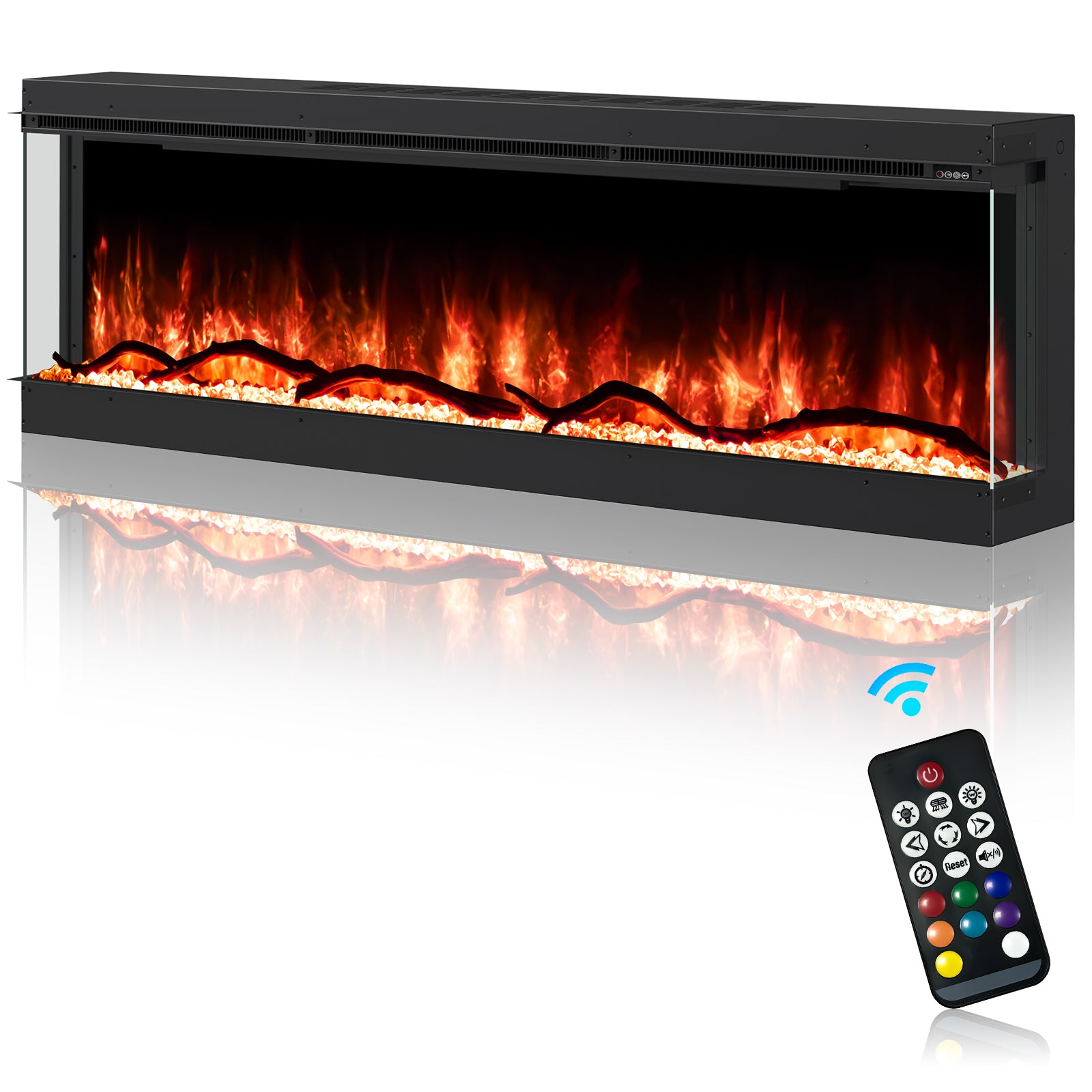 Inserts 3-Sided Electric Fireplace 50-inch Long Modern Eletric Fire Place Space Heater for Indoor Living Room Bedroom Use, Realistic Led Flame Color with Remote Control, Log & Crystals, Black