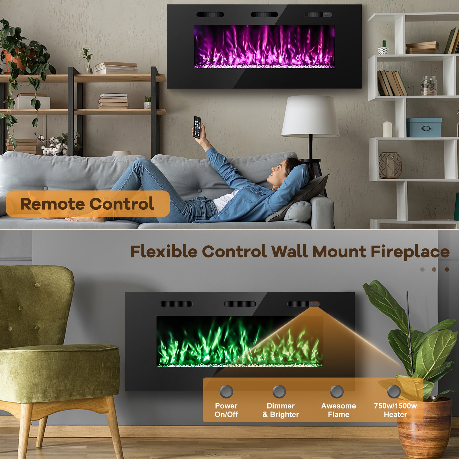 50-inch Ultra Thin Wall Mounted Electric Fireplace Heater, Modern Fire Place Eletric Fireplace for Indoor Living Room Bedroom Use, Realistic LED Flame with Remote Control, Crystals, Black