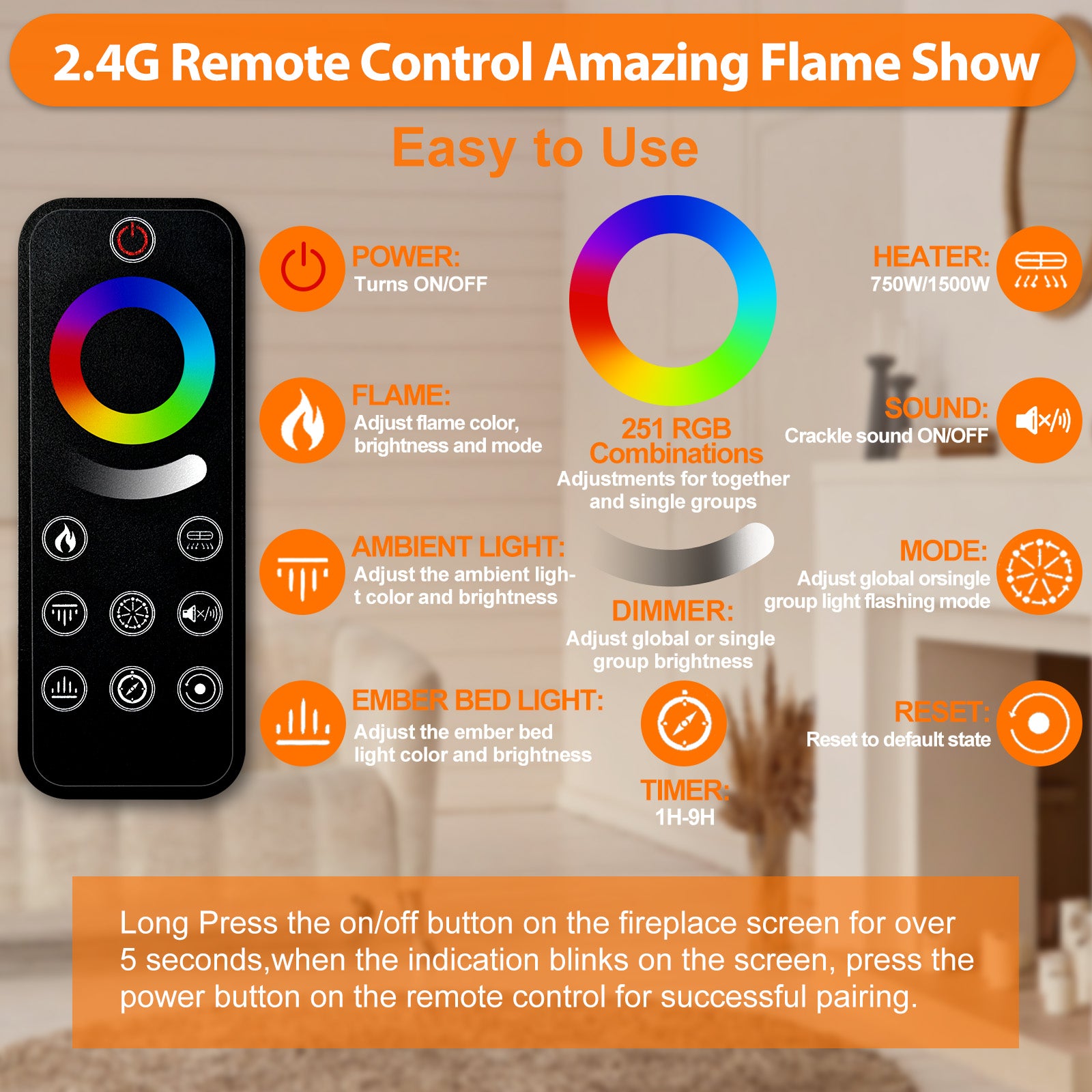 2.4G & WIFI Smart Remote Controller for HSL Series Electric Fireplace(coin cell battery included)