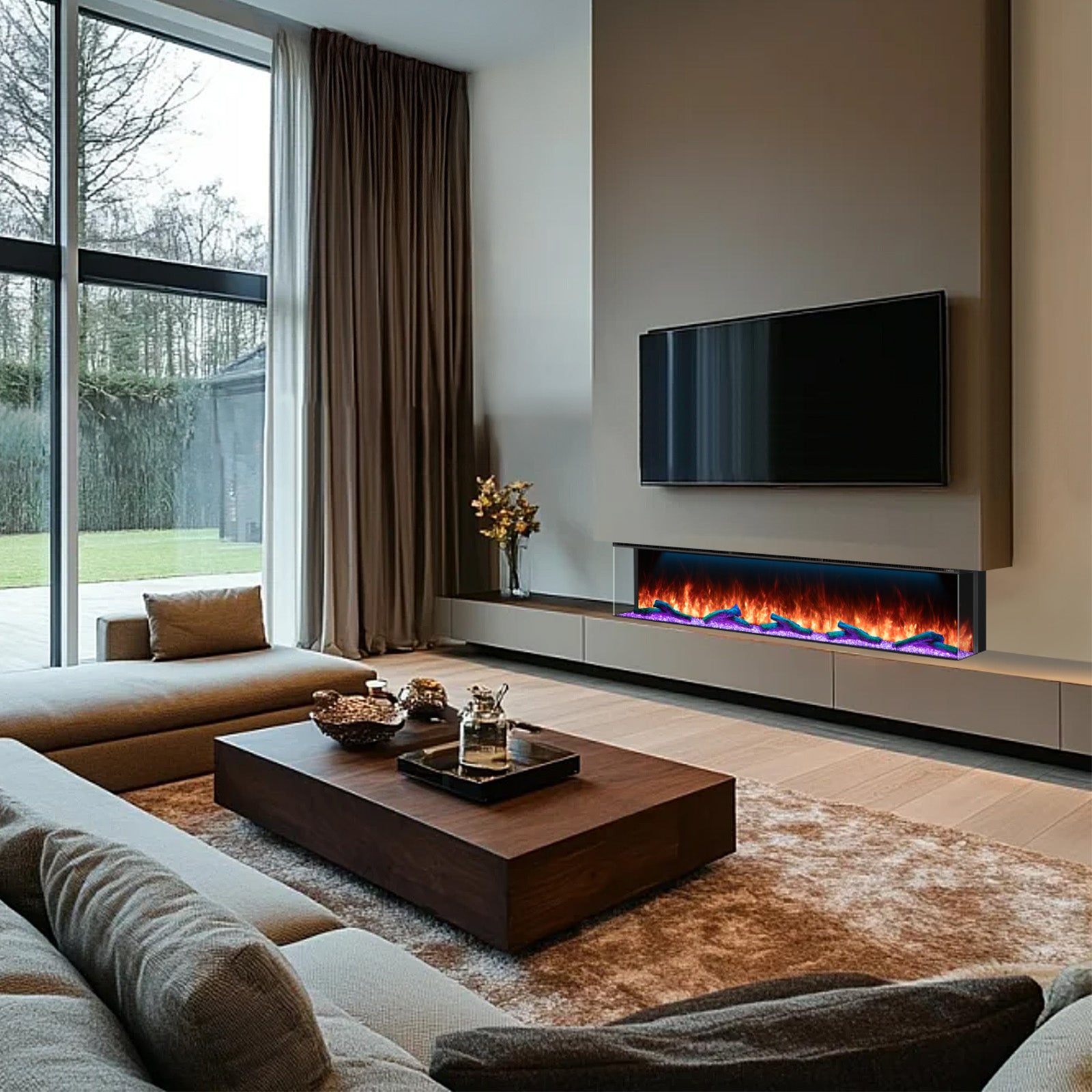 Recessed 3-Sided Electric Fireplace, 60-inch Smart WiFi 251 Flame Colors Combination Inserts Eletric Fire Place Heater for Living Room Indoor Use with Remote Control, Log & Crystals, Black