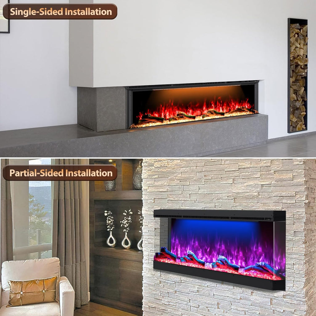 Recessed 3-Sided Electric Fireplace, 80-inch Smart WiFi 251 Flame Colors Combination Inserts Eletric Fire Place Heater for Living Room Indoor Use with Remote Control, Log & Crystals, Black