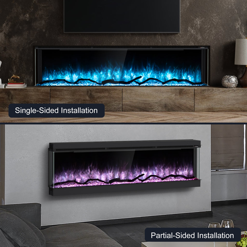 Inserts 3-Sided Electric Fireplace 80-inch Long Modern Eletric Fire Place Space Heater for Indoor Living Room Bedroom Use, Realistic Led Flame Color with Remote Control, Log & Crystals, Black