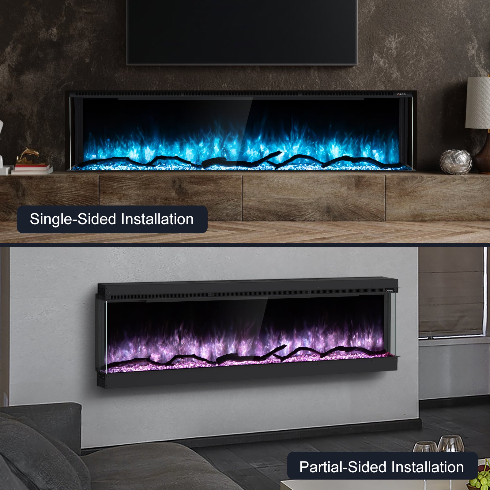 Inserts 3-Sided Electric Fireplace 80-inch Long Modern Eletric Fire Place Space Heater for Indoor Living Room Bedroom Use, Realistic Led Flame Color with Remote Control, Log & Crystals, Black