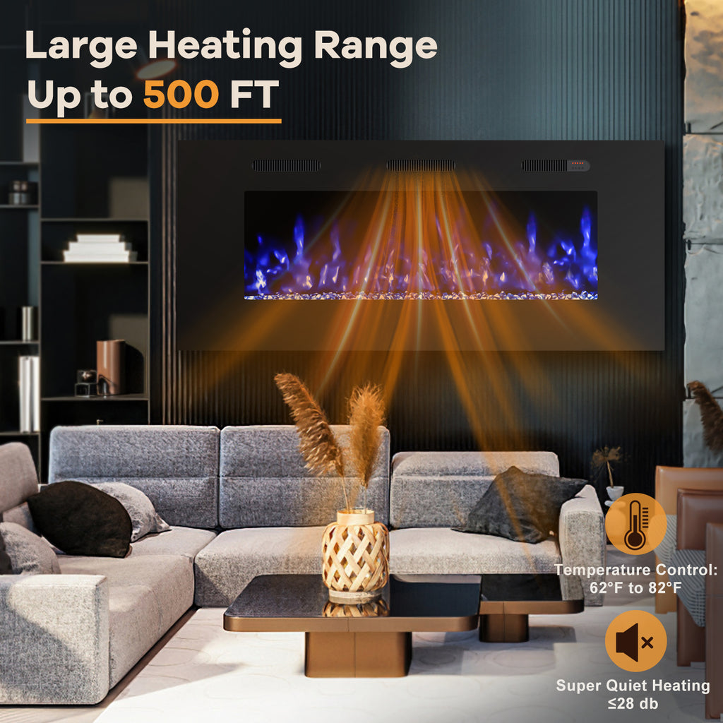 60-inch Ultra Thin Wall Mounted Electric Fireplace Heater, Modern Fire Place Eletric Fireplace for Indoor Living Room Bedroom Use, Realistic LED Flame with Remote Control, Crystals, Black