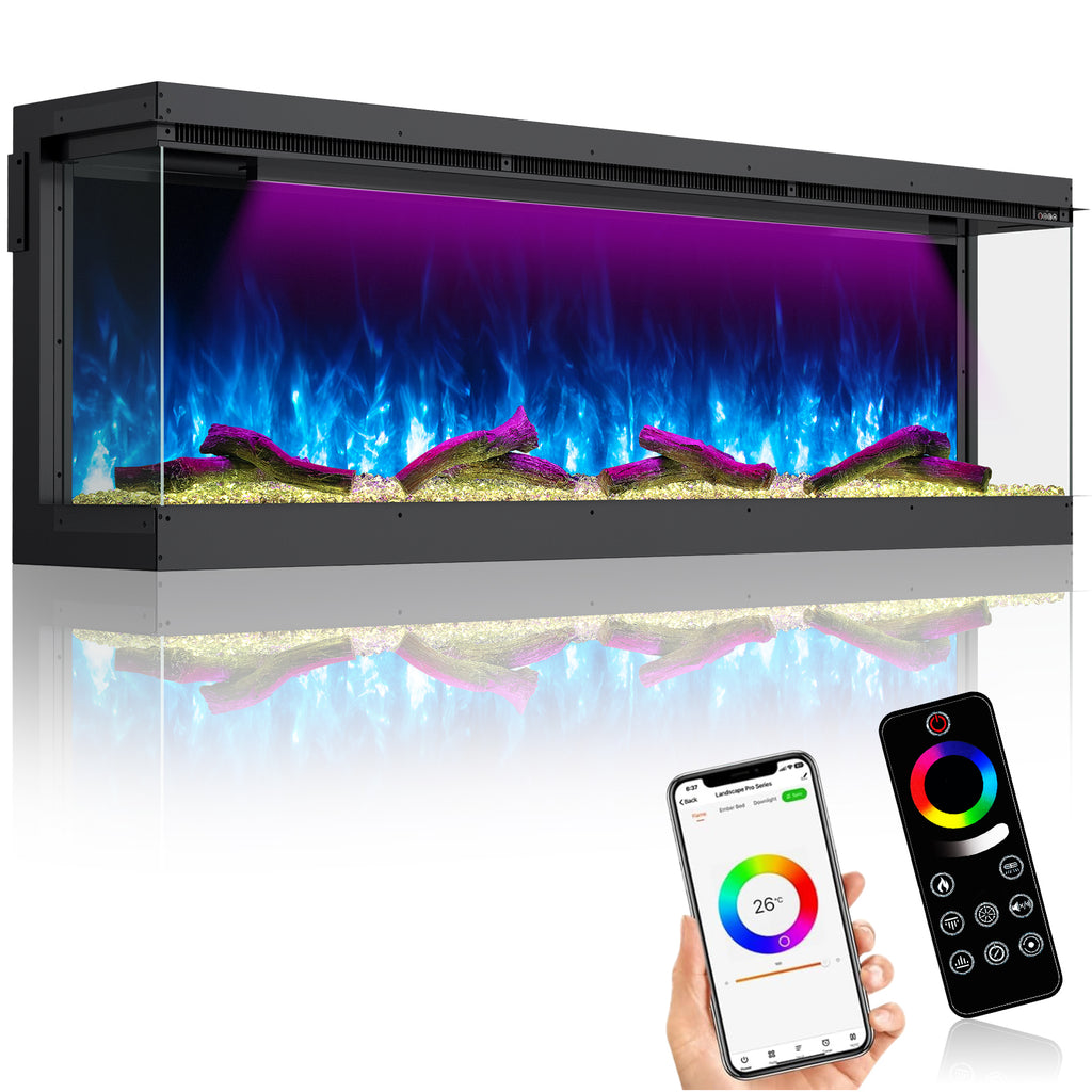 Recessed 3-Sided Electric Fireplace, 60-inch Smart WiFi 251 Flame Colors Combination Inserts Eletric Fire Place Heater for Living Room Indoor Use with Remote Control, Log & Crystals, Black