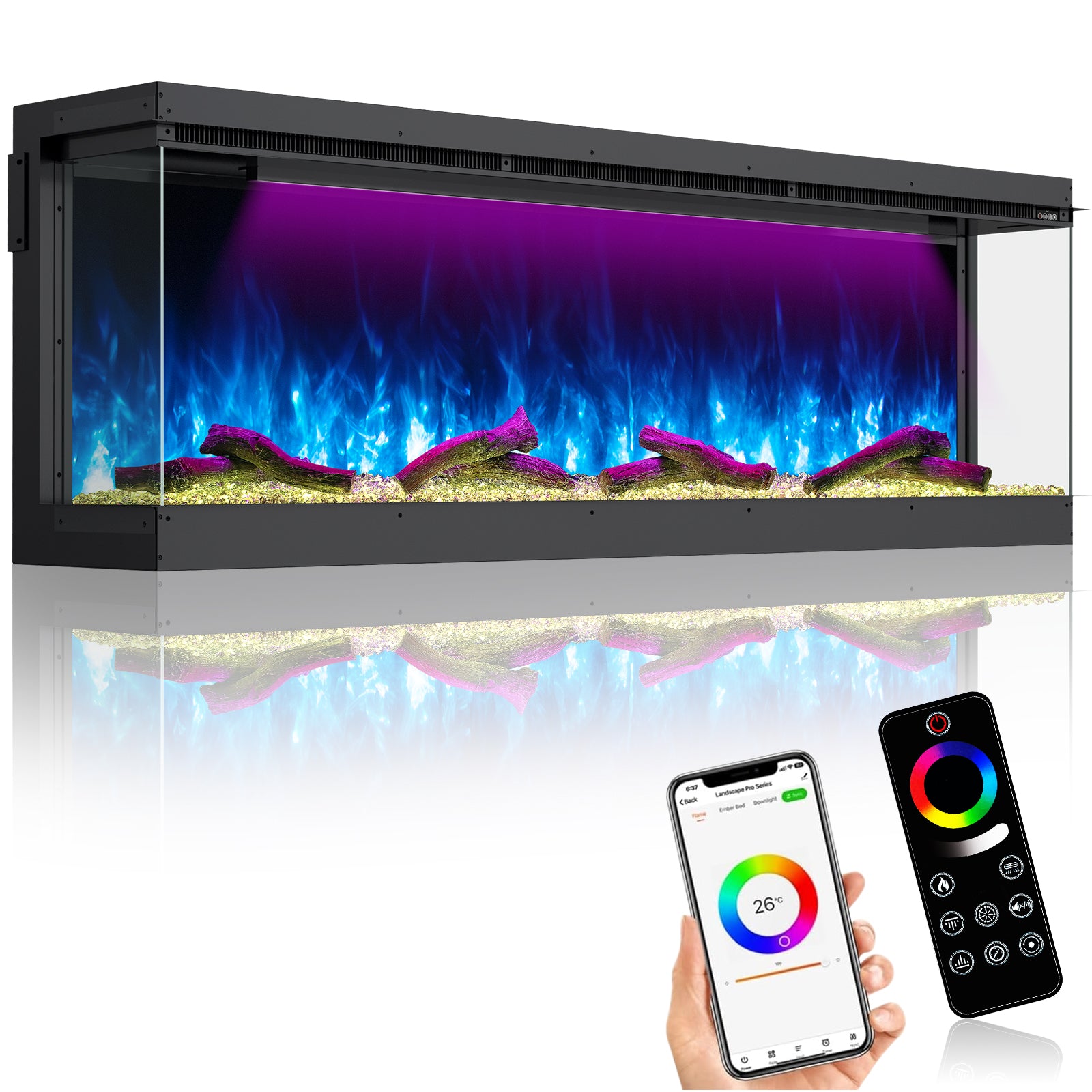 Recessed 3-Sided Electric Fireplace, 60-inch Smart WiFi 251 Flame Colors Combination Inserts Eletric Fire Place Heater for Living Room Indoor Use with Remote Control, Log & Crystals, Black