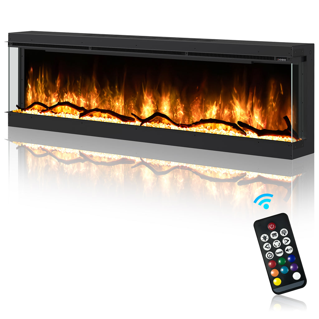 Inserts 3-Sided Electric Fireplace 80-inch Long Modern Eletric Fire Place Space Heater for Indoor Living Room Bedroom Use, Realistic Led Flame Color with Remote Control, Log & Crystals, Black